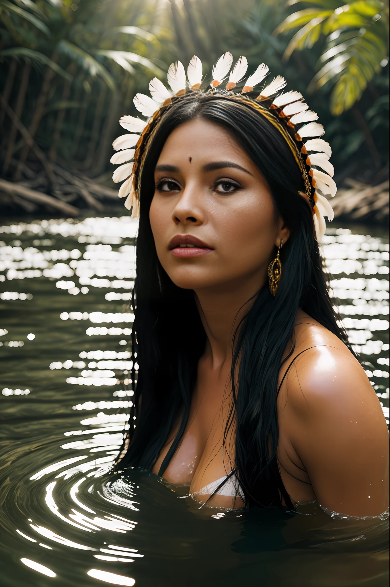 portrait of a beautiful woman, 40 years old. Of the tanned skin, cabocla, long black hair, straight at the height of the back, fringe of Amazonian India, headdress of feathers, western eyes, honey color, fluffy turned, ((big cheeks)), bathing to the natural, in a deep river and with transparent waters that show the silhouette of his submerged body, only with the head and neck out of the water,  between reeds, (backlit), realistic, masterpiece, high quality, brightness, shadow, flower, [[chromatic aberration]], by Jeremy Lipking, by Antonio J. Manzanedo, digital painting, Brazilian, 8k uhd,, forest, stones on the bank, river, wood, smoke, shadows, contrast, clear sky, style , (warm hue, warm tone)