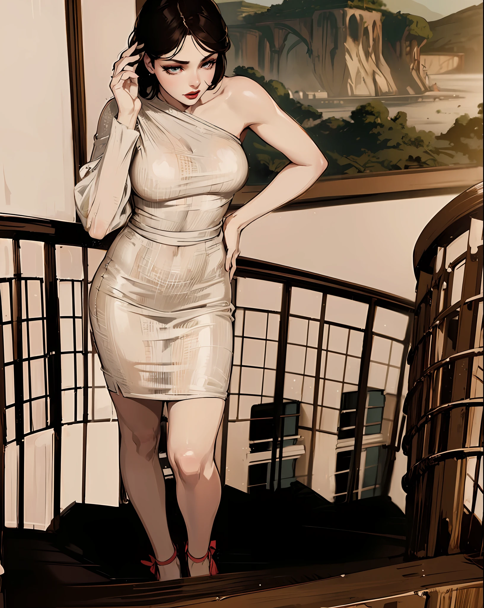 ((Night, Realistic Light, Best Quality, 8K, Masterpiece: 1.3)), Standing, Standing 1girl, curvy Beauty: 1.4, Abs: 1.1, (Brown Hair, Big Breasts: 1.3), Soaked Silk Dress: 1.2, Super Fine Face, Detailed Eyes, stylish hair, detailed hair, dark red eyes, detailed eyes, red lipstick, pretty lips, anime style, highly detailed