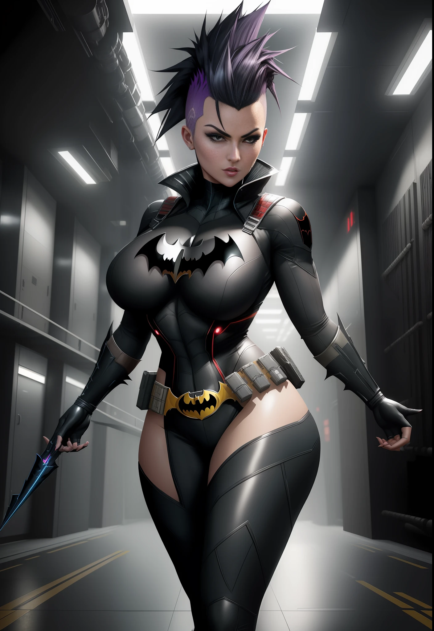 1 woman/Batman/Spider-Man, Max resolution/detail/quality/sharpness. Unreal Engine 5, Anime style, mohawk hair, huge breasts1, looking at the viewer furiously, pose with futuristic armada, showing off to the viewer, in a futuristic military base in front of the entrance of a laboratory.