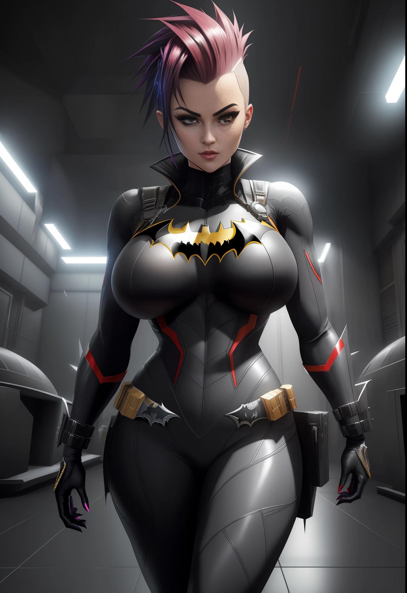 1 woman/Batman/Spider-Man, Max resolution/detail/quality/sharpness. Unreal Engine 5, Anime style, mohawk hair, huge breasts1, looking at the viewer furiously, pose with futuristic armada, showing off to the viewer, in a futuristic military base in front of the entrance of a laboratory.