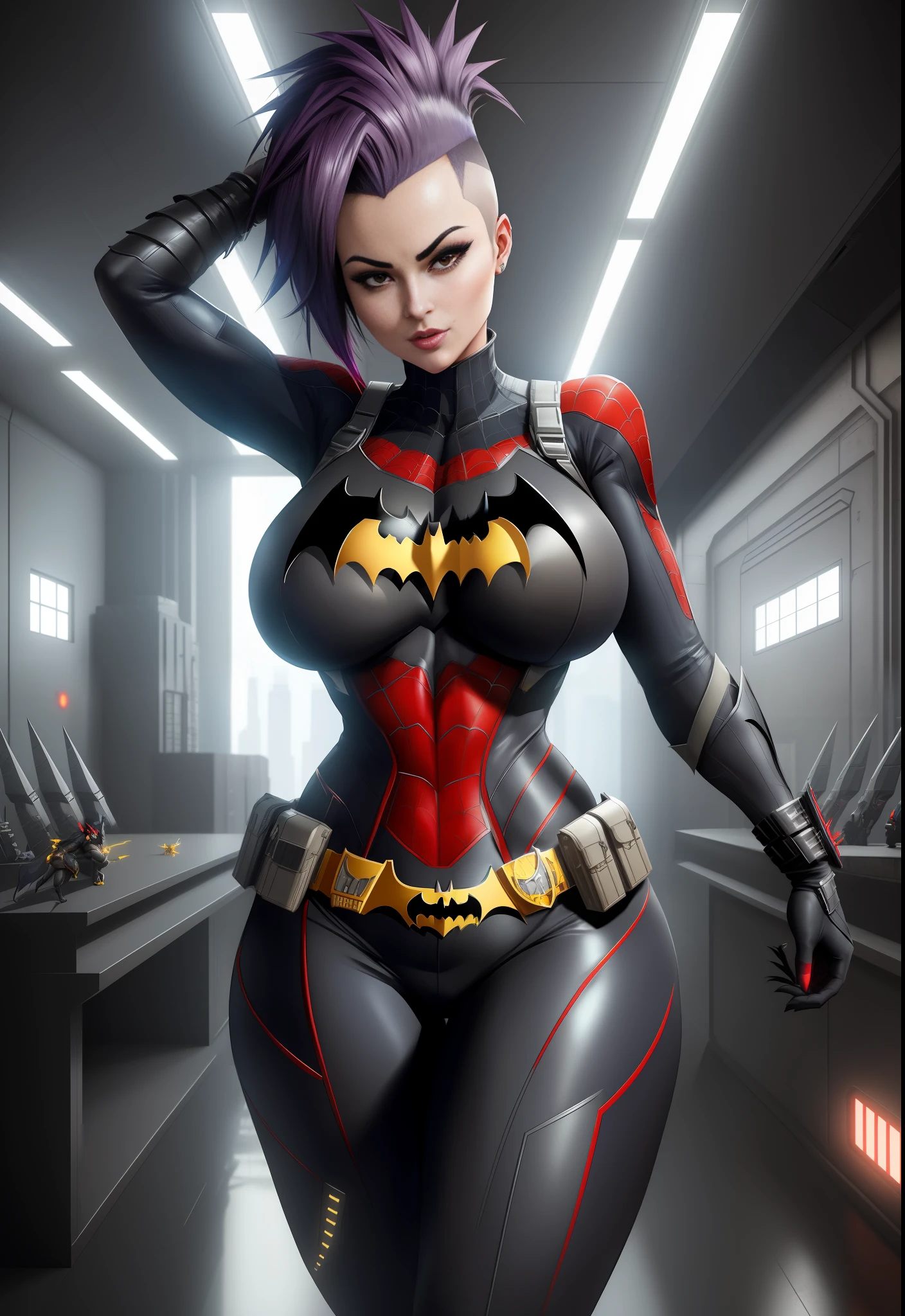 1 woman/Batman/Spider-Man, Max resolution/detail/quality/sharpness. Unreal Engine 5, Anime style, mohawk hair, huge breasts1, looking at the viewer furiously, pose with futuristic armada, showing off to the viewer, in a futuristic military base in front of the entrance of a laboratory.