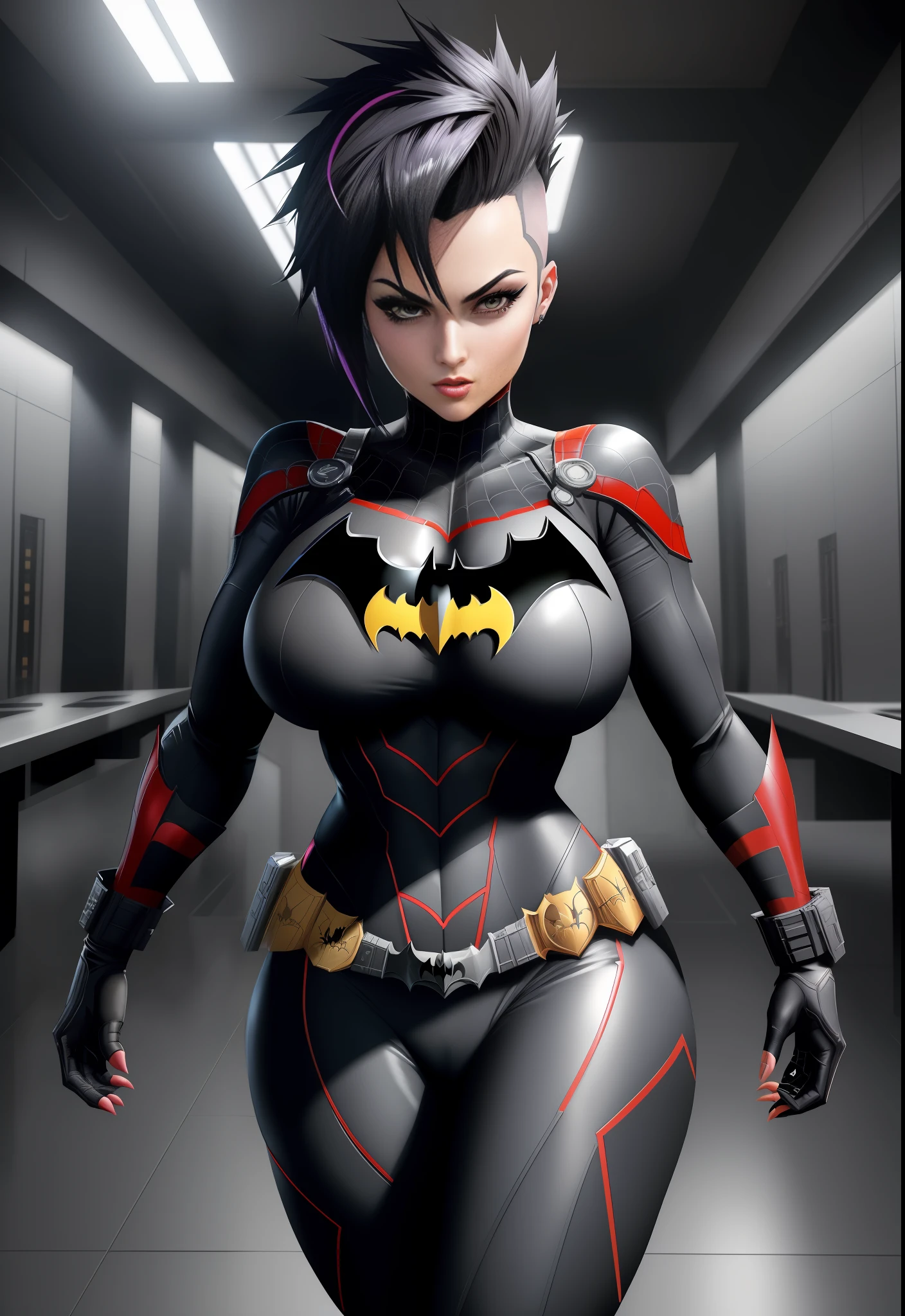 1 woman/Batman/Spider-Man, Max resolution/detail/quality/sharpness. Unreal Engine 5, Anime style, mohawk hair, huge breasts1, looking at the viewer furiously, pose with futuristic armada, showing off to the viewer, in a futuristic military base in front of the entrance of a laboratory.