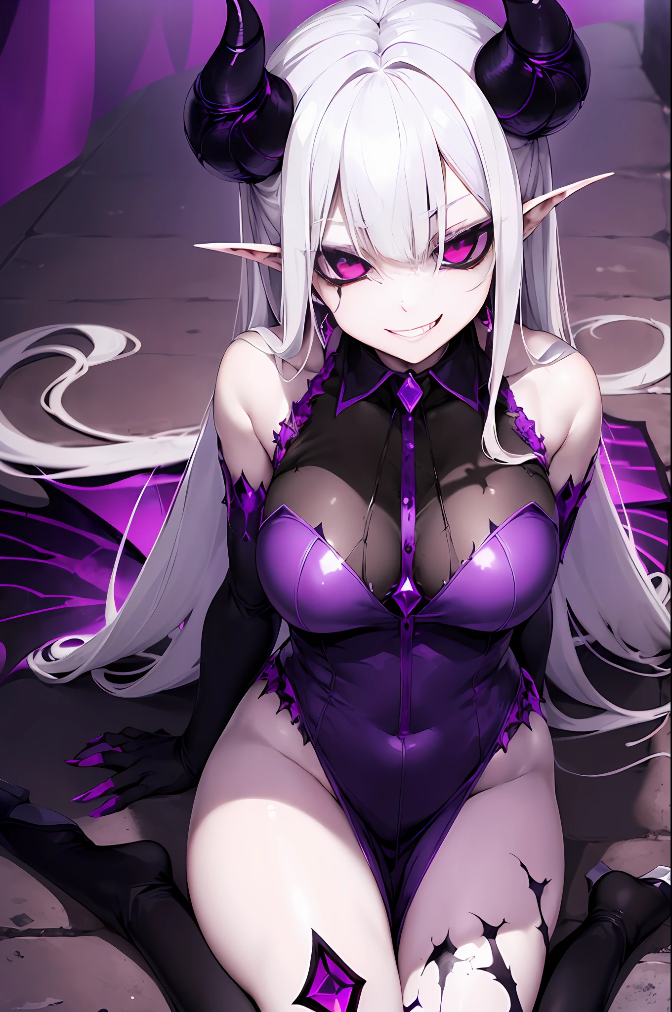 (Girl, Evil Smile, Devil, Dark Energy, Evil Energy, Brainwashing, Corruption), Black Eyes, Succubus Eyes, {Purple Dark Energy}, {Anime Feeling},