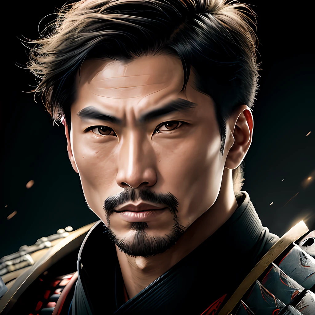 1 Samurai warrior man, short hair, self portrait, diffraction peaks, f/1.8, Nikon, high detail, UHD, masterpiece, best quality, highres, 16k