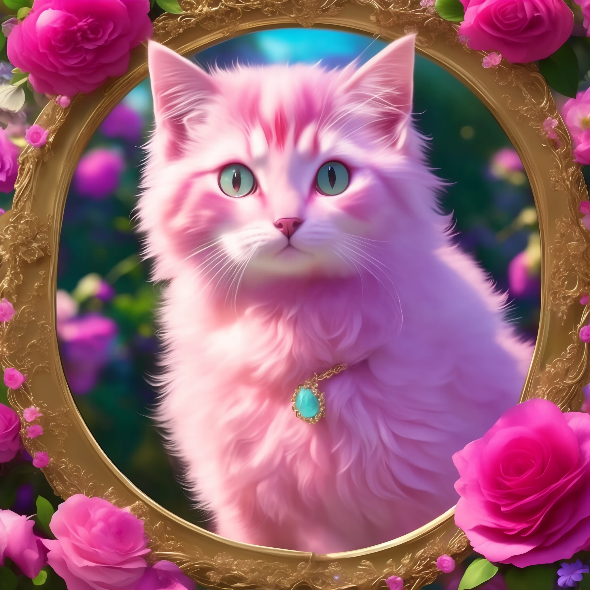 a pink kitten with jewelry and flowers in the background, round frame, Catstravaganza