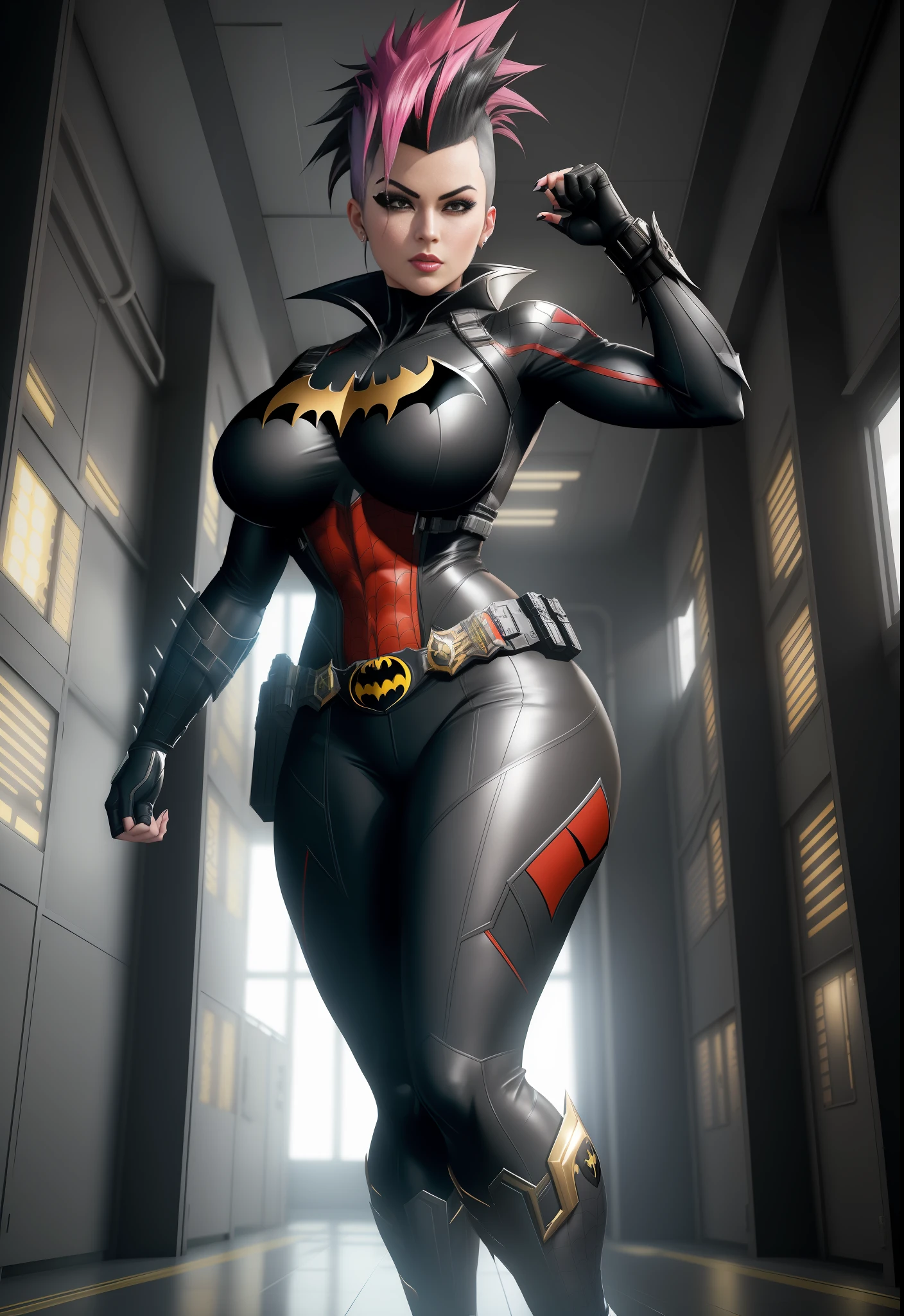 1 woman/Batman/Spider-Man/Kamen Rider, Max resolution/detail/quality/sharpness. Unreal Engine 5, Anime style, mohawk hair, huge breasts1, looking at the viewer furiously, pose with futuristic armada, showing off to the viewer, in a futuristic military base in front of the entrance of a laboratory.