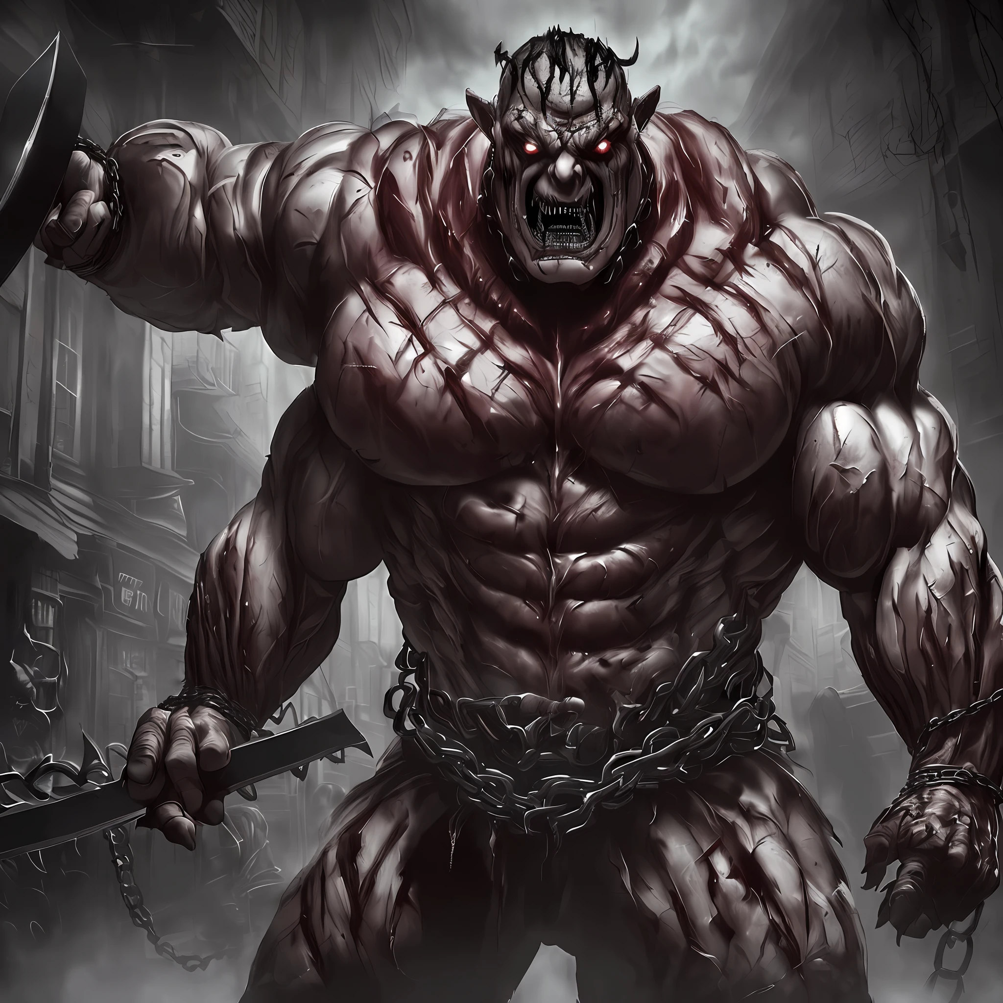 (
    ((Hyper-detailed)), fearful, horror, terrifying, eerie setting, dark and dim lighting, 
    ((1 massive and muscular butcher man)), ((aggressively approaching)), 
    (butcher's shop), evil eyes, ((scary pose)), (about to chase),
    bloody knives, bone saw, chains, 
    ((dark and ominous music in the background))
)