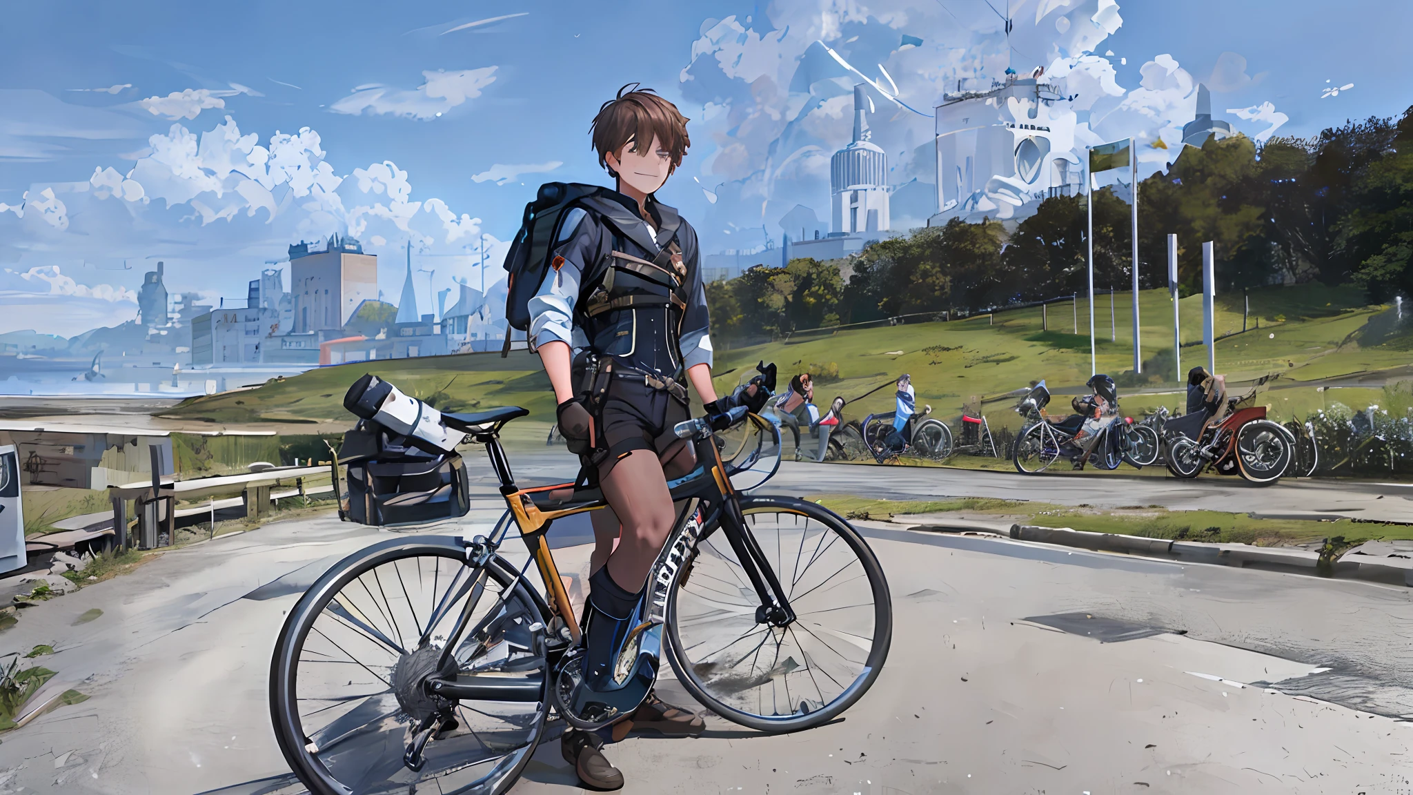 Junge fährt sein Fahrrad mit Schwierigkeiten auf einer Straße, die mit hellen Wolken und Sonnenschein ,Highly detailed RAW color Photo, composition, male, adult appearance, trained body frame and weight, fair skin, average height, voluptuous body build, facial features (round face, warm smile, hazel eyes, full lips, no jewelry), natural makeup (rosy cheeks, defined lashes), hair (short, curled), dainty earrings (brass, gear-shaped), steampunk attire (brown corset, petticoat, brass goggles), boots (brown, leather), adventurous personality, determined expression, confident posture, bold body form, airship (floating, mechanical), control room (gleaming, complex), captain (brave, commanding), crew (hardworking, loyal), journey (exciting, unpredictable)