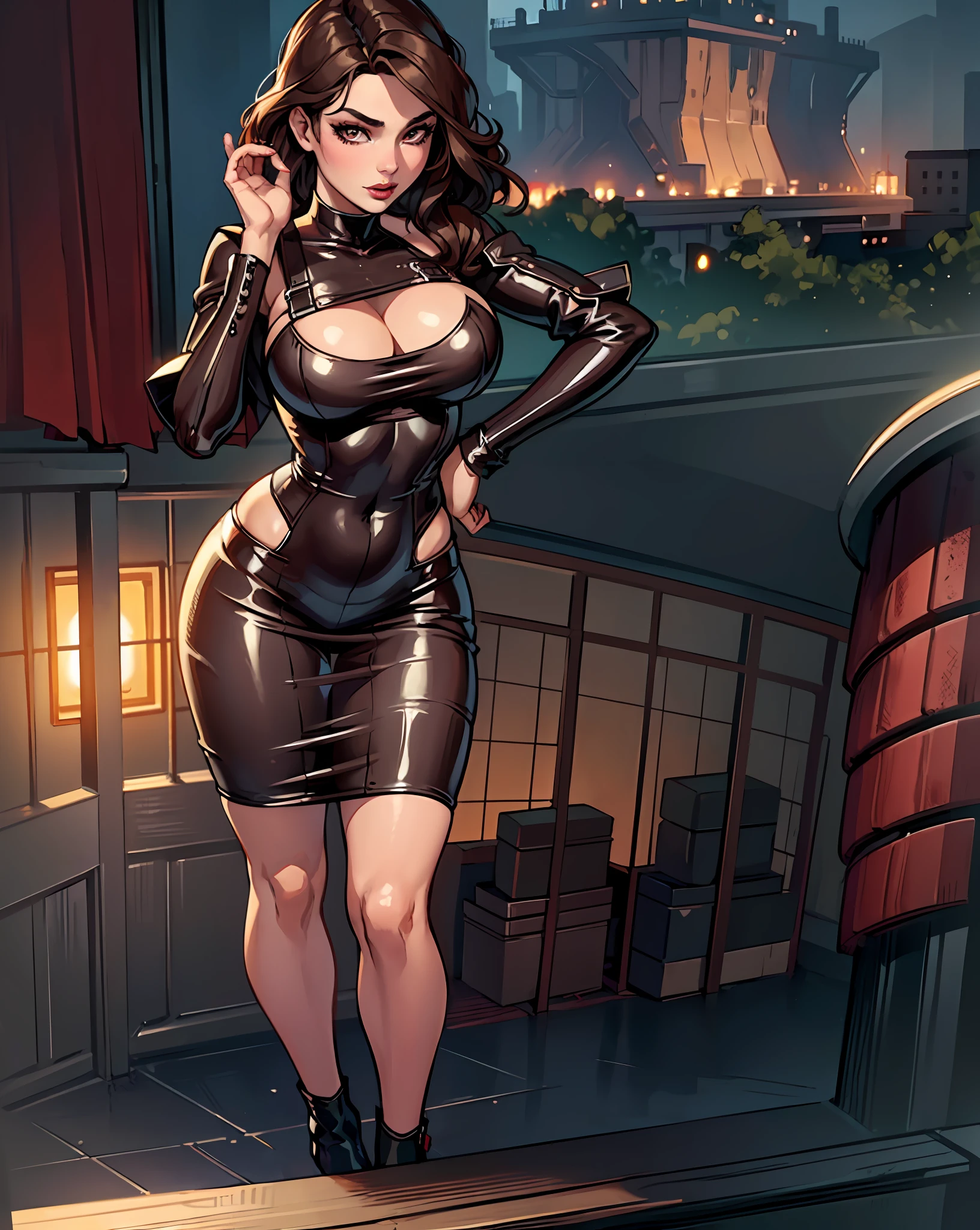 ((Night, Realistic Light, Best Quality, 8K, Masterpiece: 1.3)), Standing, Standing 1girl, curvy Beauty: 1.4, (Brown Hair, Big Breasts: 1.3), (cleavage: 1.2), See through Silk Dress: 1.2, Super Fine Face, Detailed Eyes, stylish hair, detailed hair, dark red eyes, detailed eyes, red lipstick, pretty lips, anime style, highly detailed