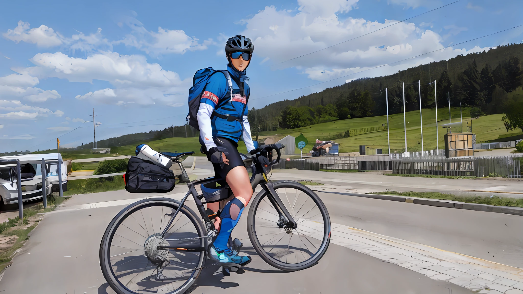 Boy rides his bike with difficulty on a road covered with bright clouds and sunshine ,
