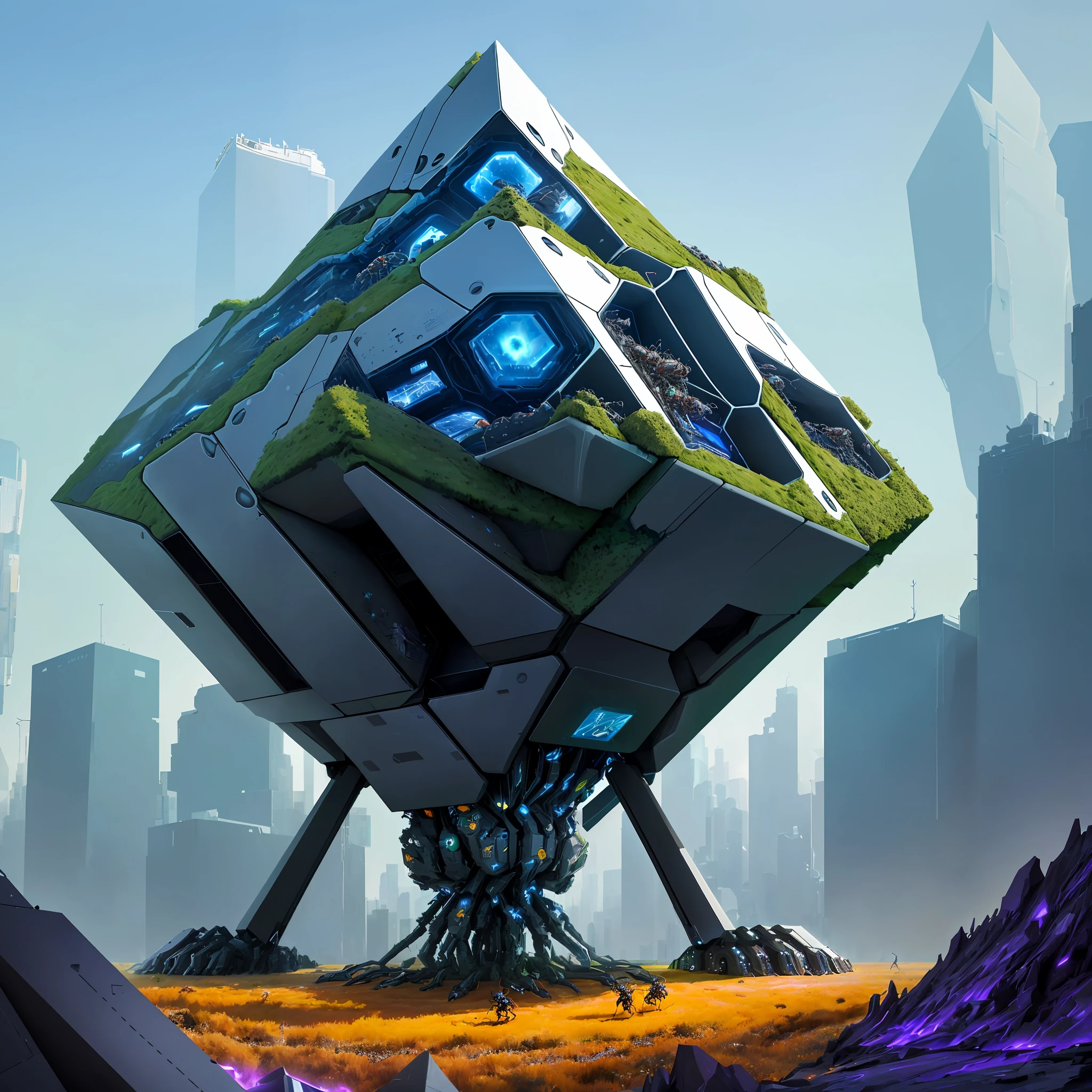 In a sprawling field, a dormant Borg cube spaceship becomes an unexpected host to an industrious ant colony. Thousands of ants swarm over its metallic surface, weaving a complex network of tunnels and chambers, transforming the once cold and mechanical exterior into a vibrant, bustling anthill. The cube's original design is obscured, blurring the lines between technology and nature in a captivating display of organic chaos.