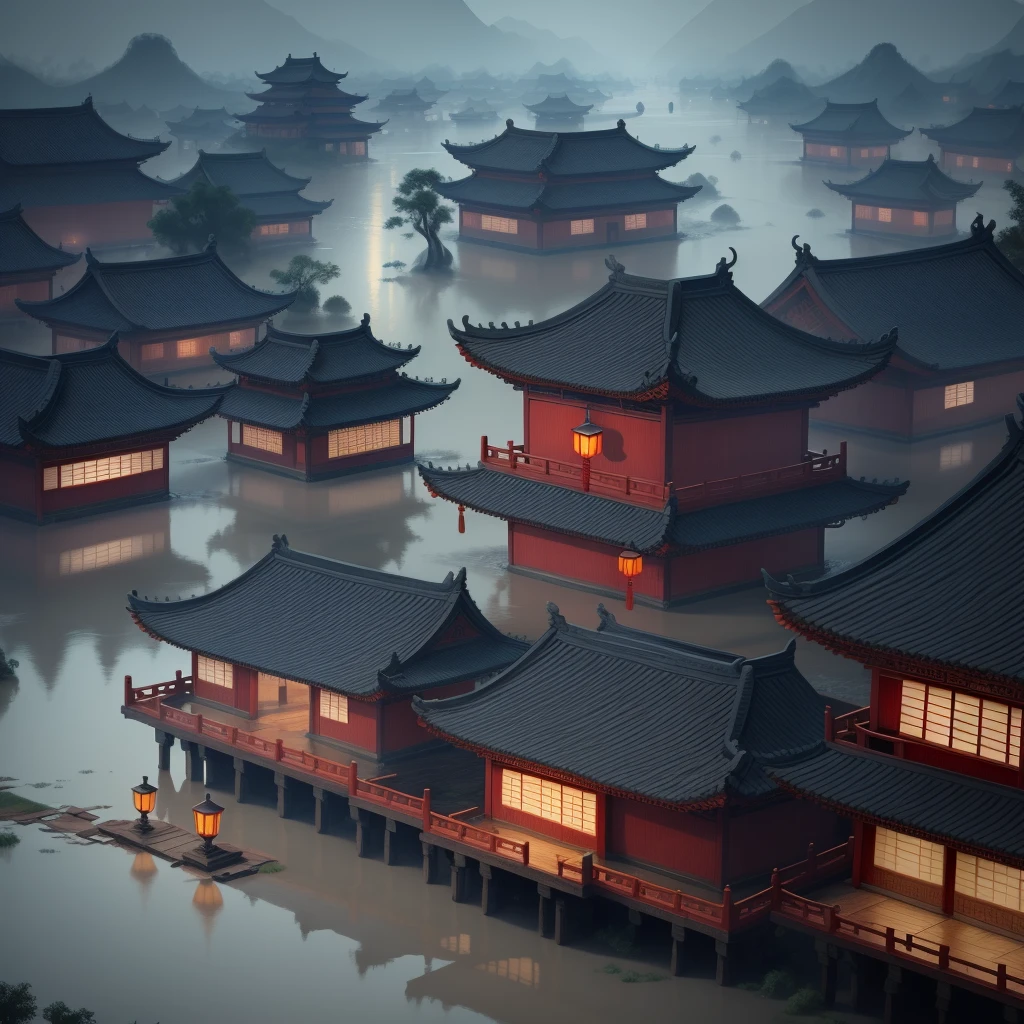 At night in ancient China, in the flooded river, several people wept bitterly