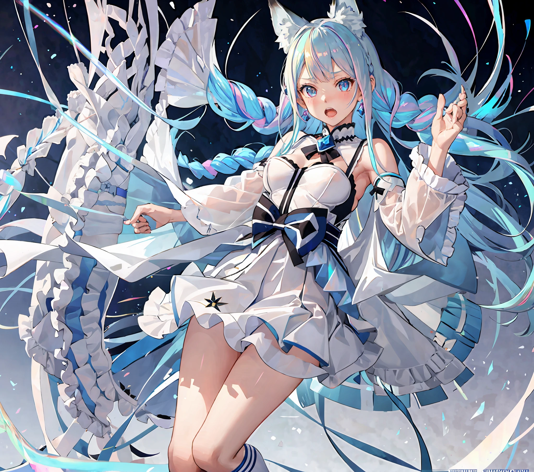 ,isometric,,isometric, solo,(masterpiece:1,2),full body,
,art by Cornflower,dreamy ,(pilyeon),(extremely detailed CG unity 8k wallpaper, masterpiece, best quality, ultra-detailed, best shadow)
, (best illumination, an extremely delicate and beautiful),beautiful detailed glow, dynamic angle,
,(beautiful detailed face, beautiful detailed eyes) , High contrast,(1girl:1.5),braided hair one side,azure golden eyes,
,(iridescent hair:1.4),pink hair,,(fox_ears ,hime_cut,,),white pantyhose,translucent,1 girl Wearing Transparent Greek dress,
1girl, split, skirt, panties, underwear, v, solo, standing, , , bangs, blush, earrings, thighs, serafuku, jewelry, teeth, kneehighs, standing on one leg , standing split, double v, , open mouth, simple background, white background, looking at viewer, white panties, leg up , , long sleeves, upper teeth, , leg lift