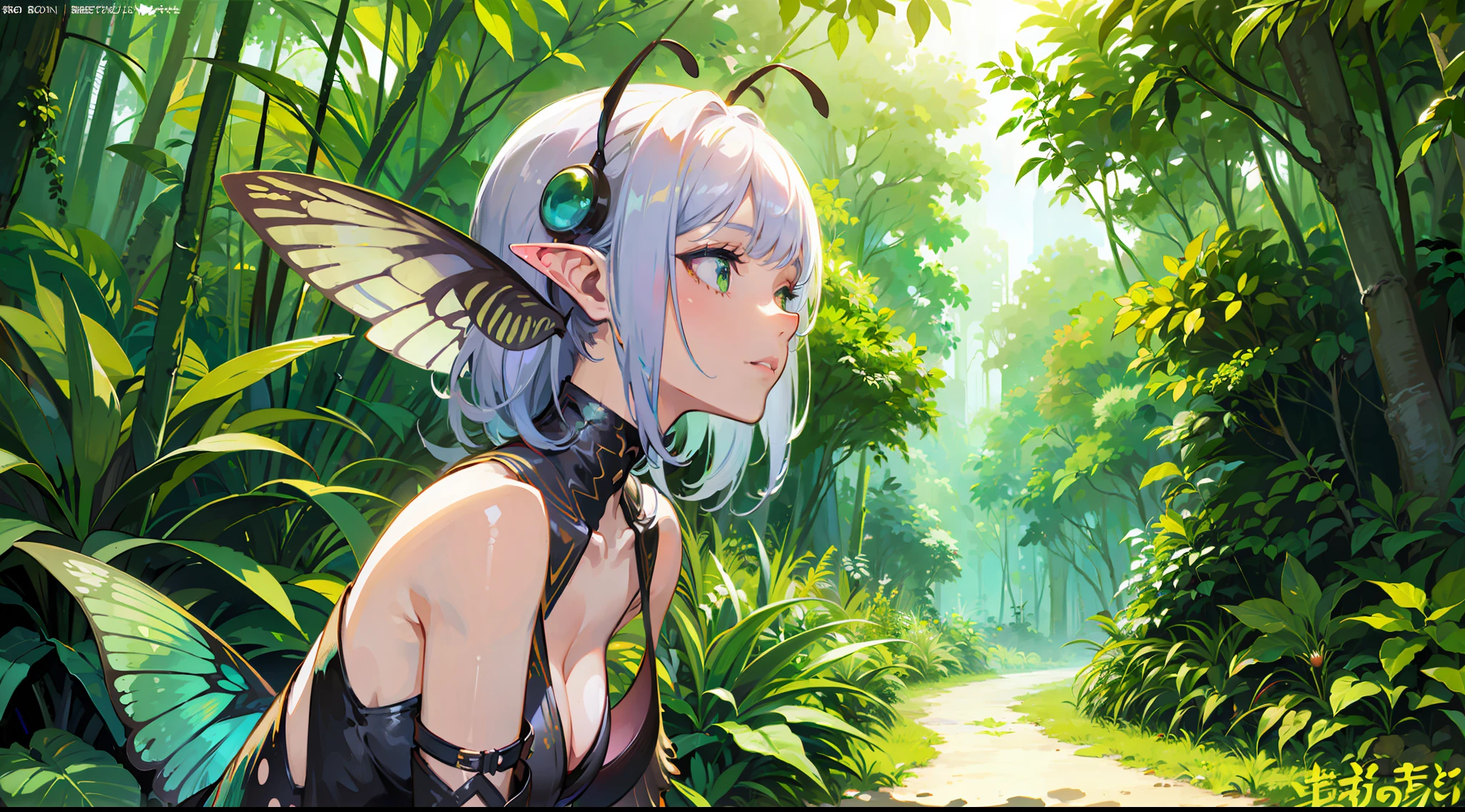 1girl, ((moth antennae)), solo, ((moth)), ((arthropod girl)), ((moth wings)), medium hair, difficult design, jungle style, fashion, monster girl, summer clothes, water effect, green plants, jungle, nature, scenery, ((official art)), ((concept art)), ((reference)), ((multiple pictures)), white background