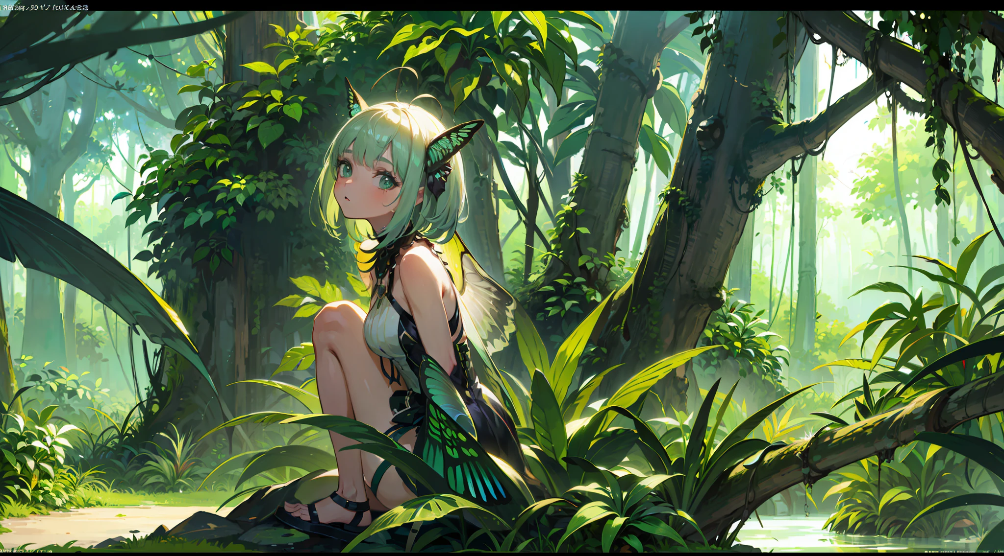 1girl, ((moth antennae)), solo, ((moth)), ((arthropod girl)), ((moth wings)), medium hair, difficult design, jungle style, fashion, monster girl, summer clothes, water effect, green plants, jungle, nature, scenery, ((official art)), ((concept art)), ((reference)), ((multiple pictures)), white background