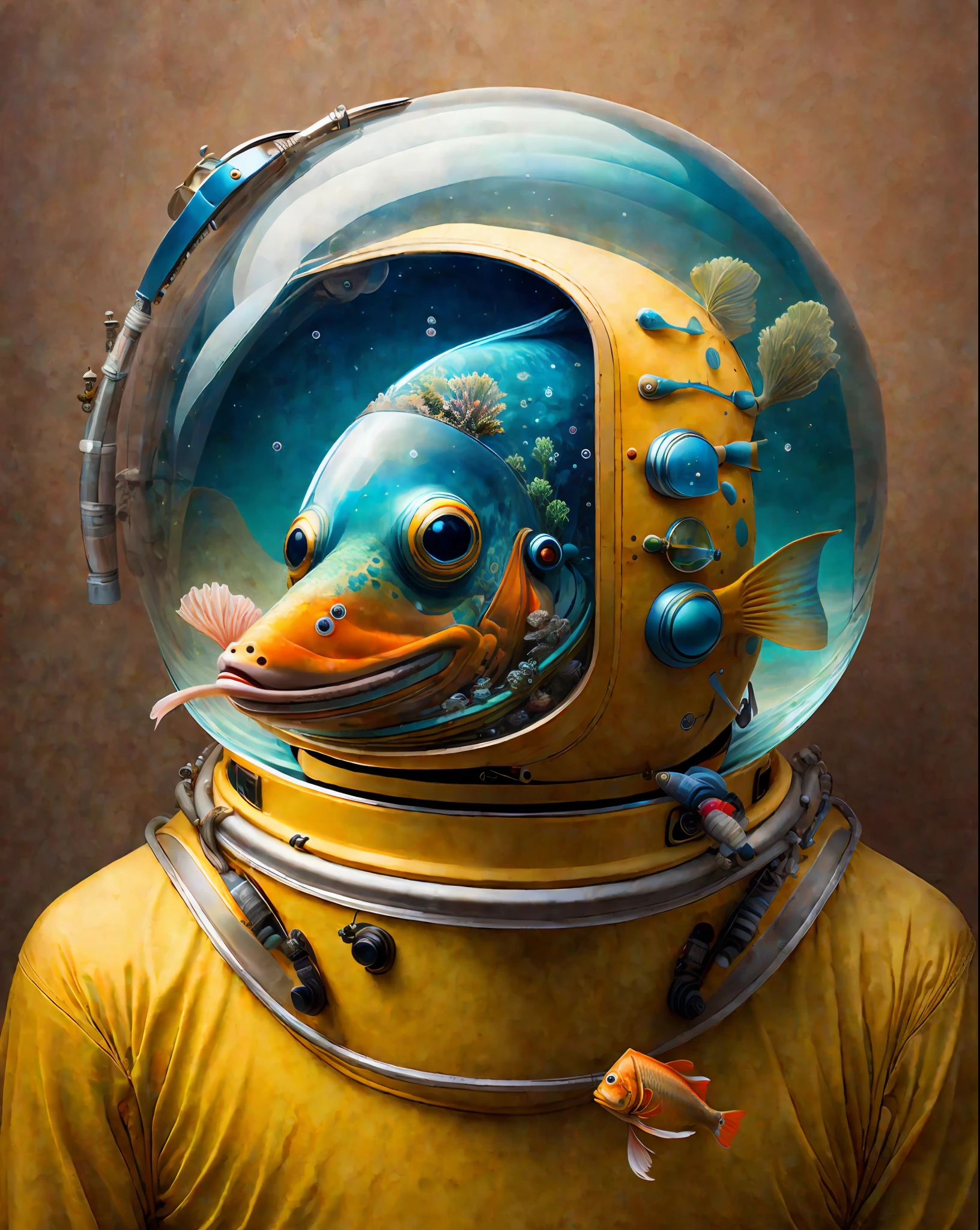 The Fish Astronaut. the helmet is full of water and fish, aquarium helmet. surreal art, unreal engien