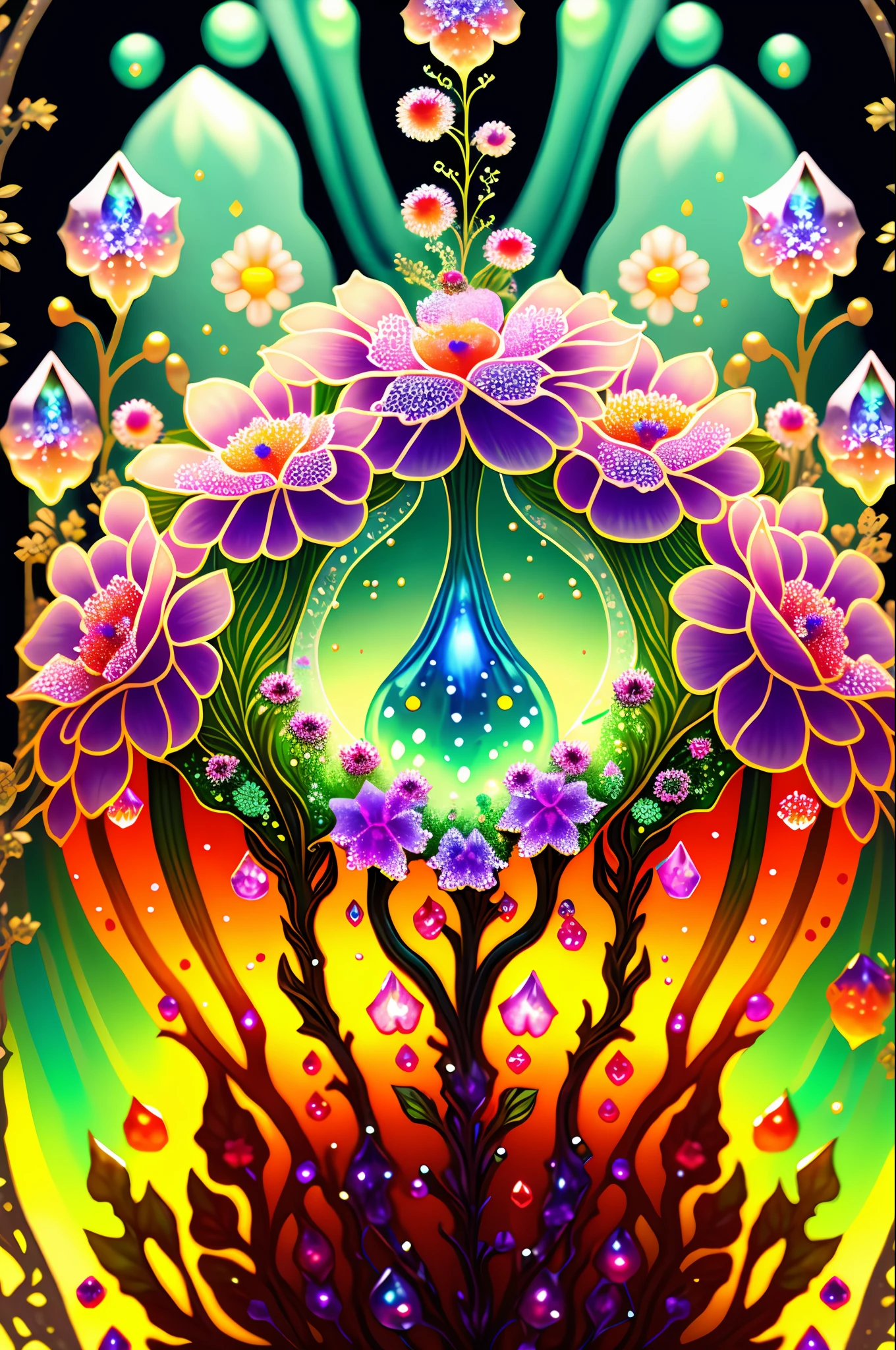 Rosen maiden, (masterpiece, best quality), (illustration),strange mycosis lush forest, transparent goo, caustics, crystals, close-up, intricate details, dark background, sparkling spores, rainbow crystals, dark