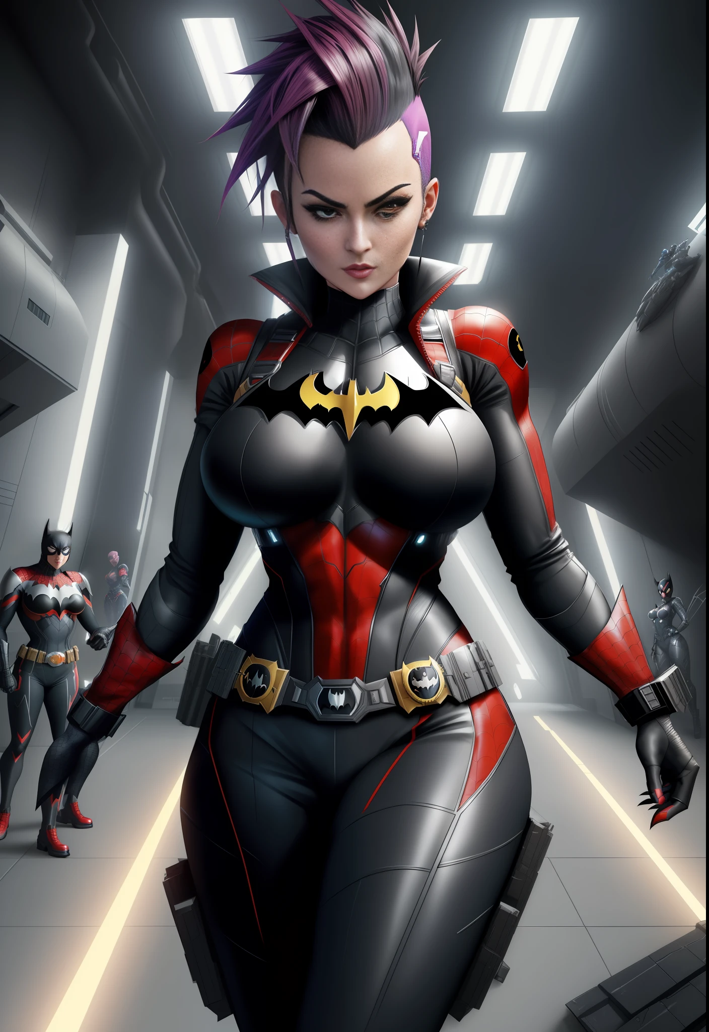 1 woman/Batman+Spider-Man+Kamen Rider, Max resolution/detail/quality/sharpness. Unreal Engine 5, Anime style, mohawk hair, huge breasts1, looking at the viewer furiously, pose with futuristic armada, showing off to the viewer, in a futuristic military base in front of the entrance of a laboratory.