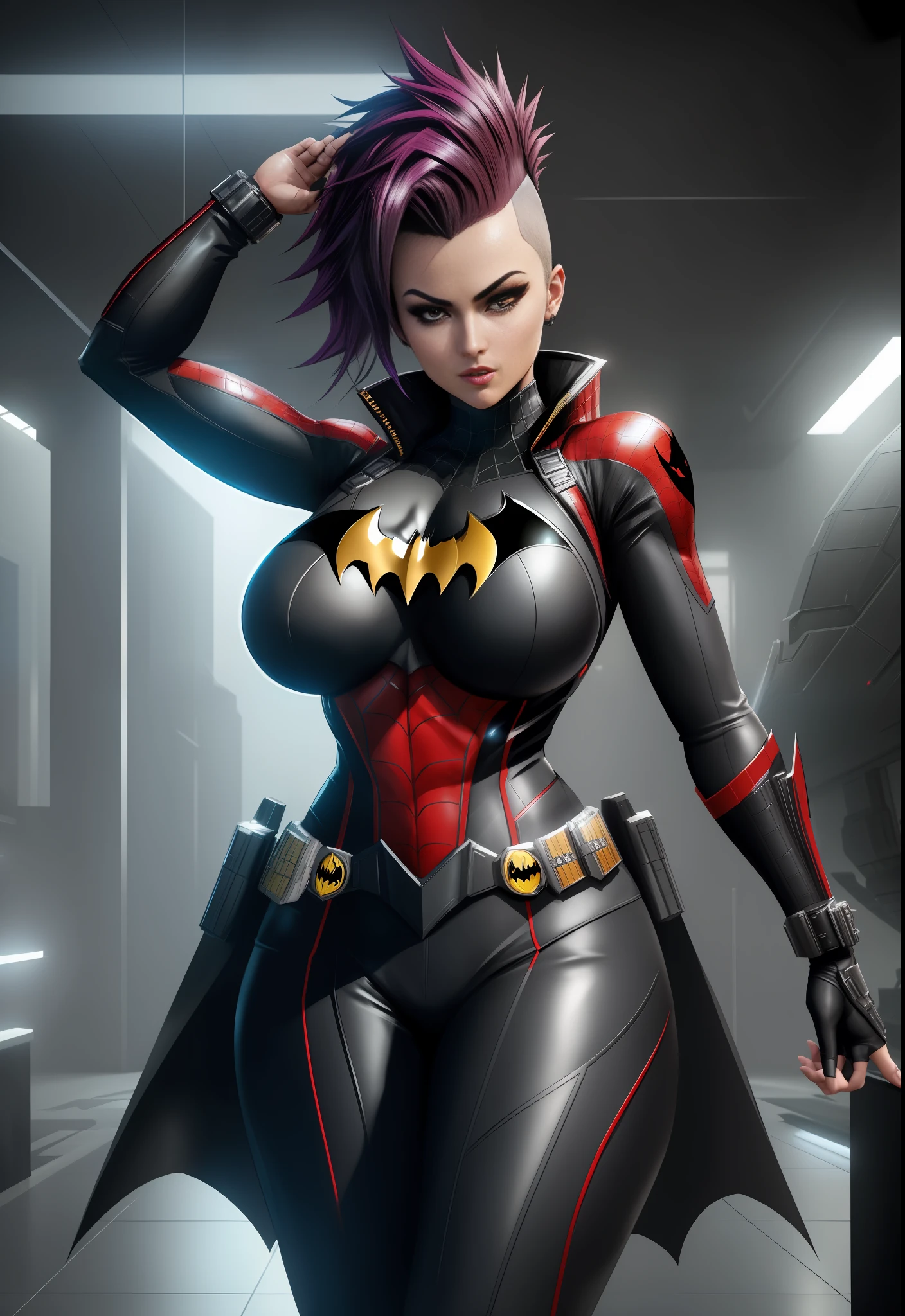 1 woman/Batman+Spider-Man+Kamen Rider, Max resolution/detail/quality/sharpness. Unreal Engine 5, Anime style, mohawk hair, huge breasts1, looking at the viewer furiously, pose with futuristic armada, showing off to the viewer, in a futuristic military base in front of the entrance of a laboratory.