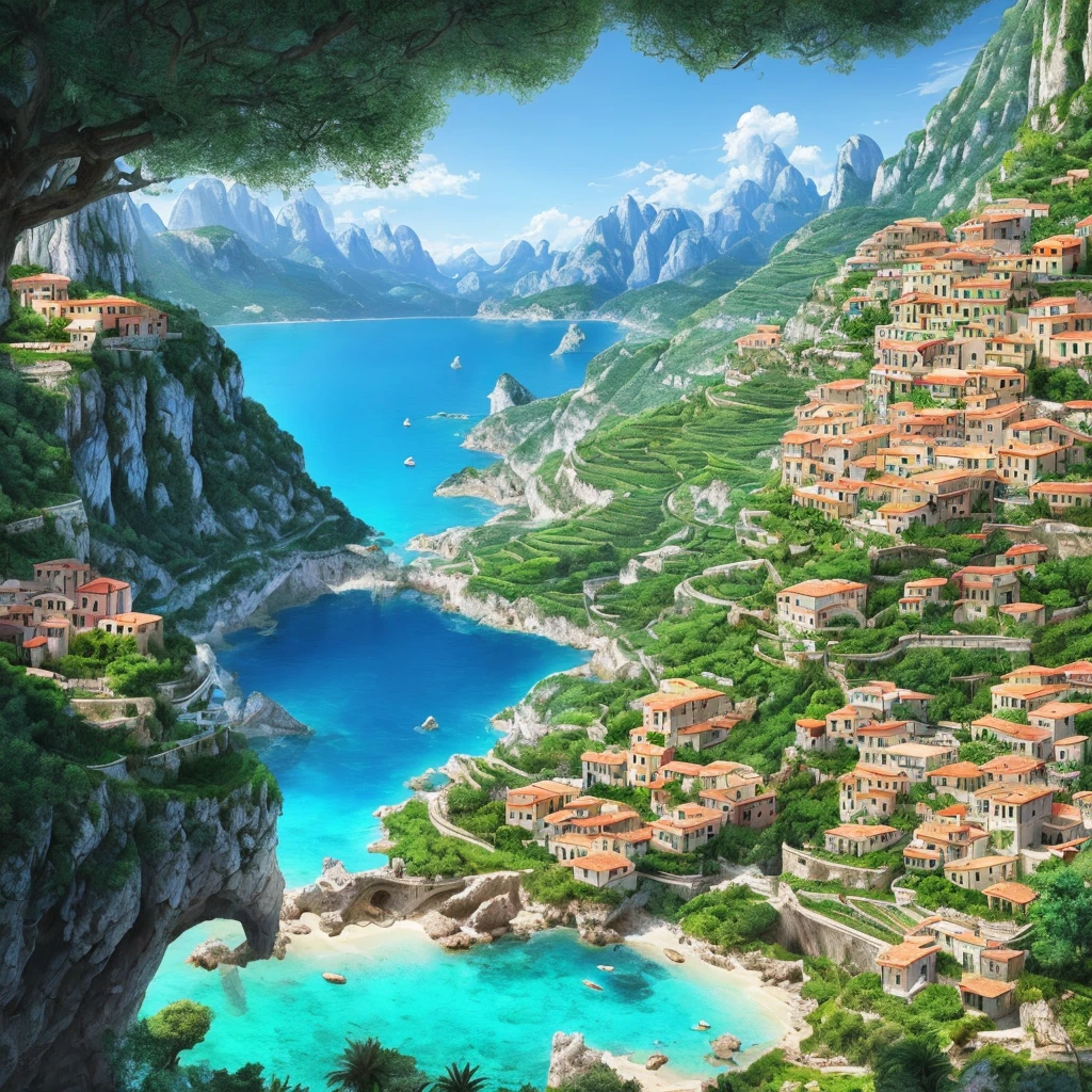 (best quality),an incredibly beautiful and vivid (southern italian_region), stunningly pleasant landscape, with blue skies, majestic mountains, crystal-clear waters, lush vegetation, and warm sunshine, captured in ultra-detailed CG artwork.