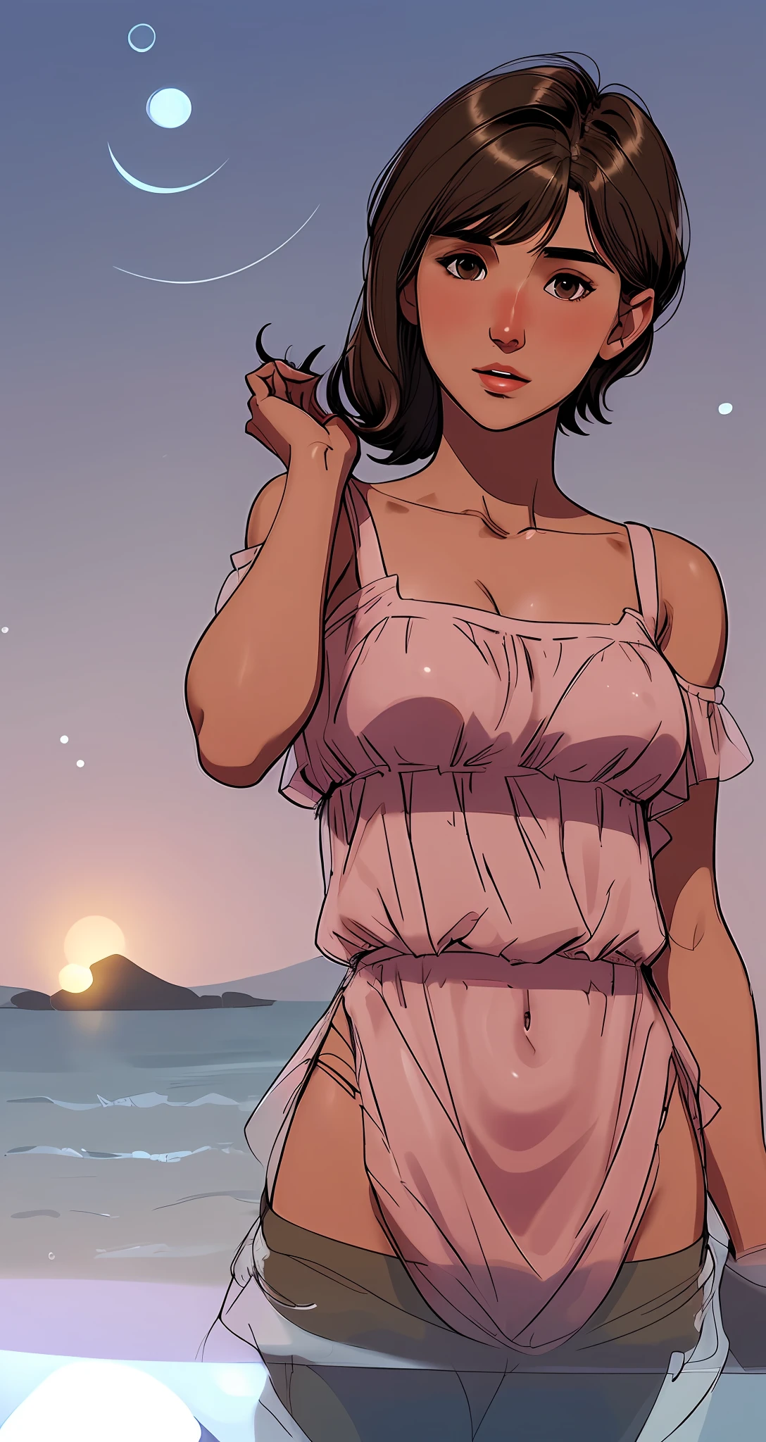 Short hair, shoulder length hair, brunette, darker body skin, darker person's features, lost person's face