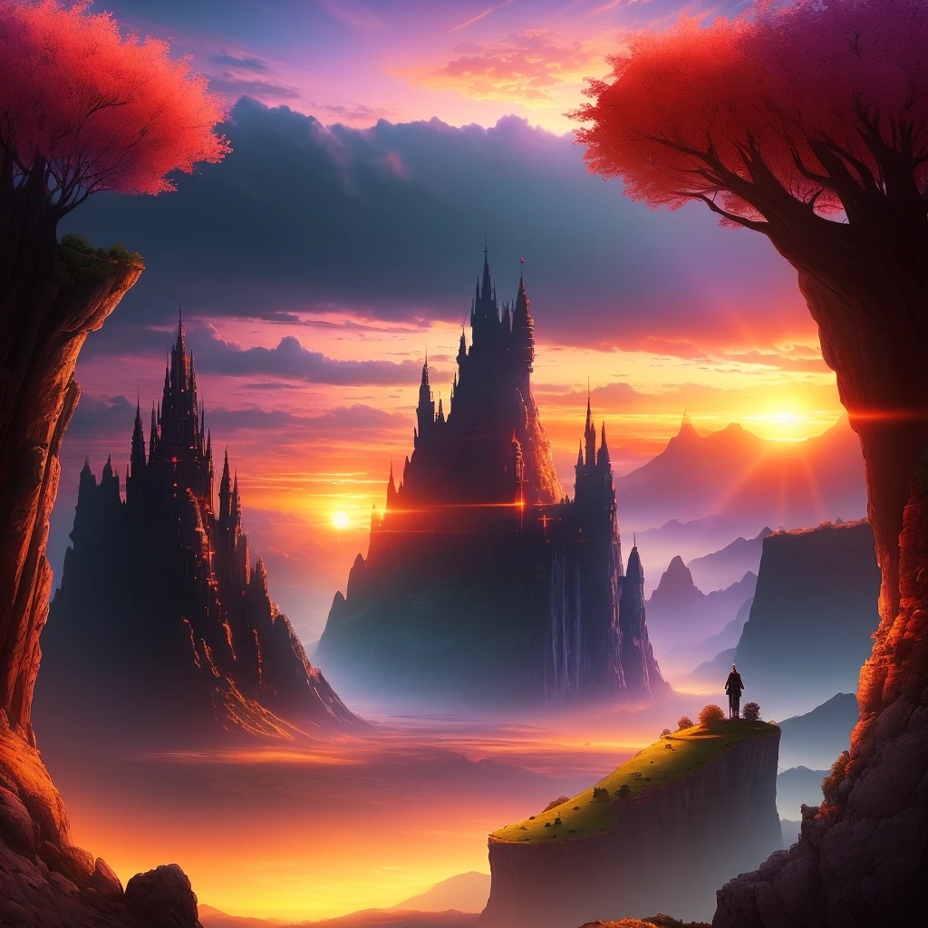 colorful sunset with fantasy landscape