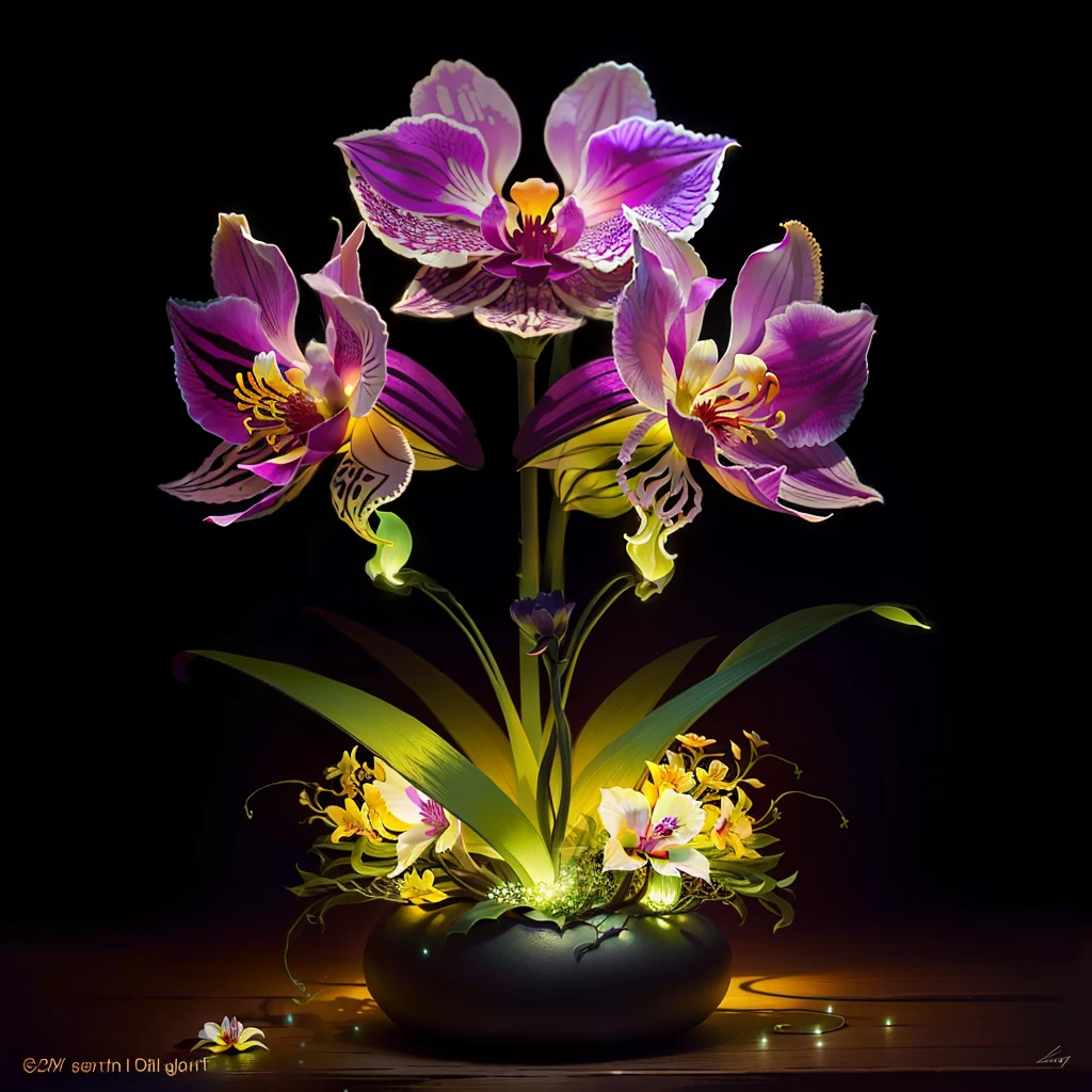 Ant nest filled with glow in the dark orchids, art, fantasy