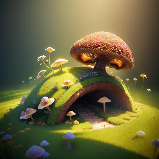 An anthill shaped like a rose in 3d art, filled with grass and tiny mushrooms, fantasy