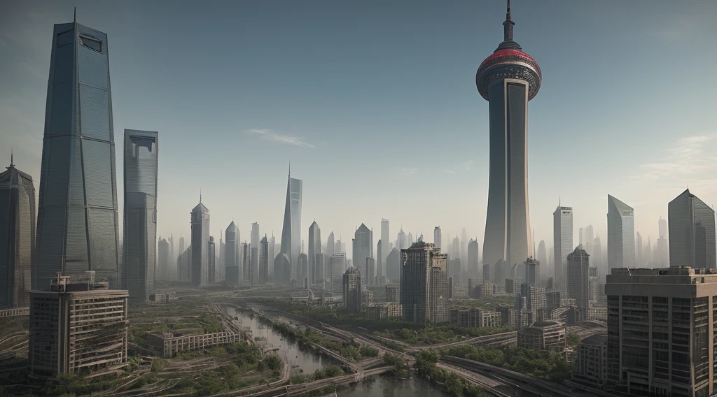 post_apocalypse style, Shanghai Oriental Pearl Tower, After the Apocalypse, Ruins, Plant Sprawl, (HDR: 1.25), (Intricate Details: 1.14), (Surrealist 3D Rendering: 1.16), (Movie: 0.55)
