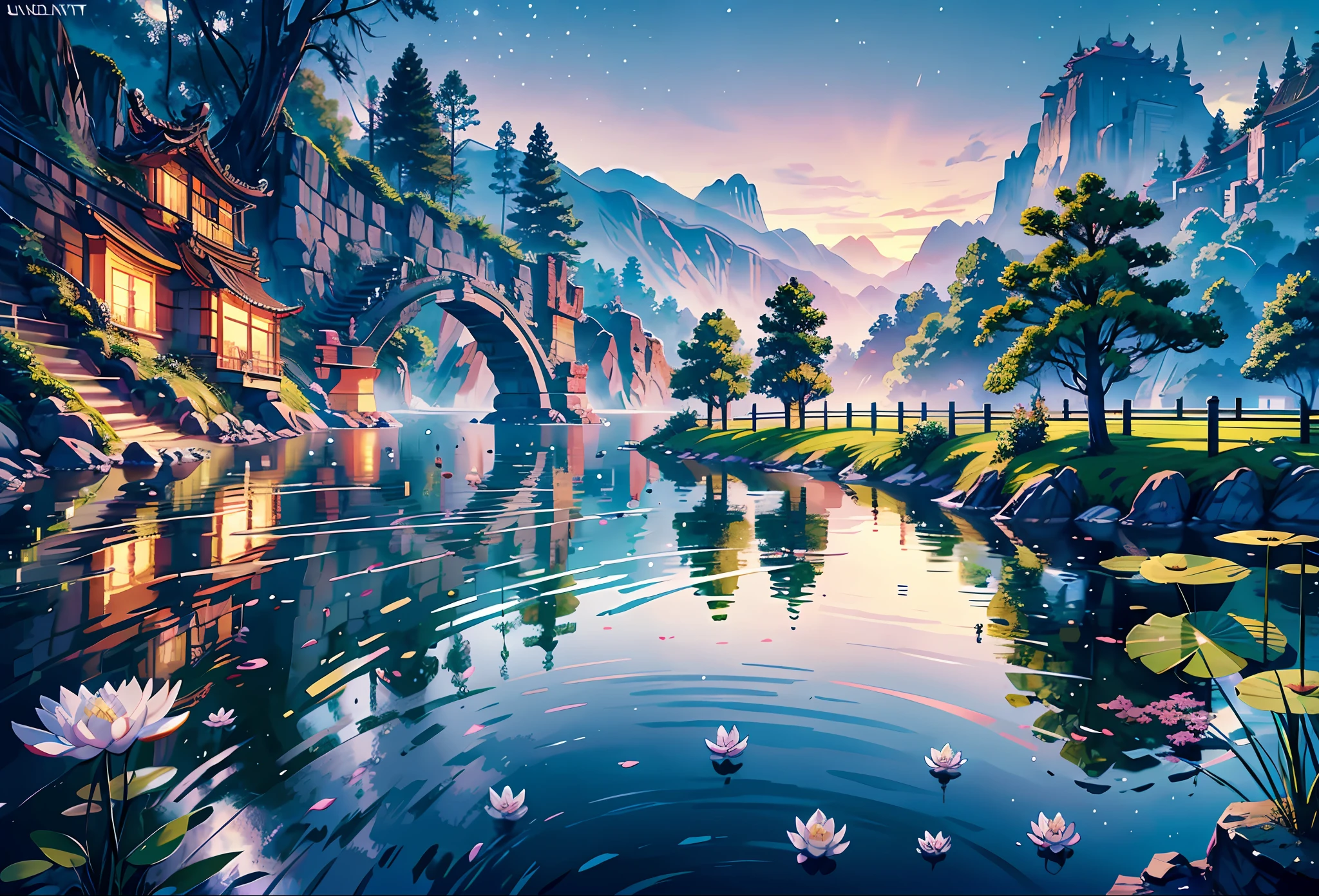 Ancient Chinese architecture, moon, midnight, garden, bamboo, lake, stone bridge, rockery, arch, corner, tree, running water, landscape, outdoor, waterfall, grass, rock, water lily, hot spring, water vapor, (Illustration: 1.0), Epic Composition, Realistic Lighting, HD Details, Masterpiece, Best Quality, (Very Detailed CG Unity 8k) --v 6