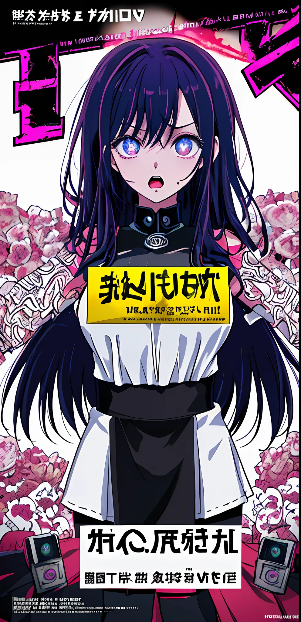 (((dramatic))), (((gritty))), (((intense)))) The movie poster features as the central character. She is shy in the center of the poster, wearing idol outfit, and a determined expression on her face. The background is dark and gritty, with a feeling of drunkenness. The text is bold and eye-catching, with catchy slogans that add to the overall drama and excitement. The color palette is dominated by dark colors, dotted with bright colors, giving the poster a dynamic and visual impact, tachi-e (magazine:1.3), (cover-style:1.3), fashionable, vibrant, outfit, posing, front, colorful, dynamic, background, element, confident, expressive, holding, statement, attachment, majestic, coiled, around, touch, scene, text, cover, bold, eye-catching, title, fashion, font, catchy, title, bigger, eye-catching, modern, trendy, focused, stylish, 1 girl, long hair, large breast,
