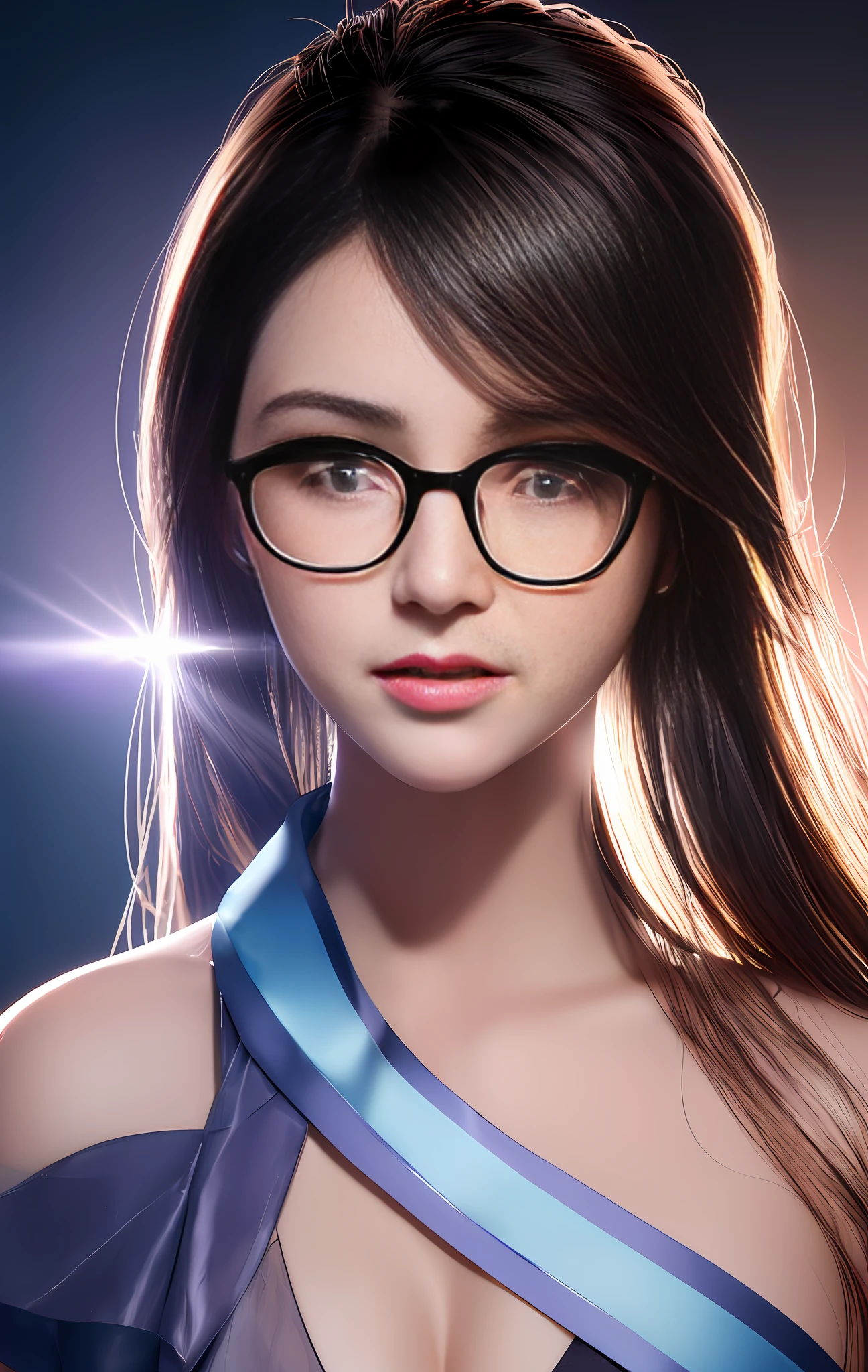 ((Best Quality, Masterpiece, High Resolution)), (8K UHD, High Quality, Volumetric Light, Two-tone Lighting, Edge Lighting), (1girl), (Dark Studio, High Detail Skin: 1.2, High Resolution: (4K, 8K), DSLR, Soft Light), ((Short Shoulder Length, Half Side Face, Backlight, Transparency), (Sven Beauty with Glasses, Beautiful Face, Physical, Tyndall Effect)), (Background Bokeh), , Photos)