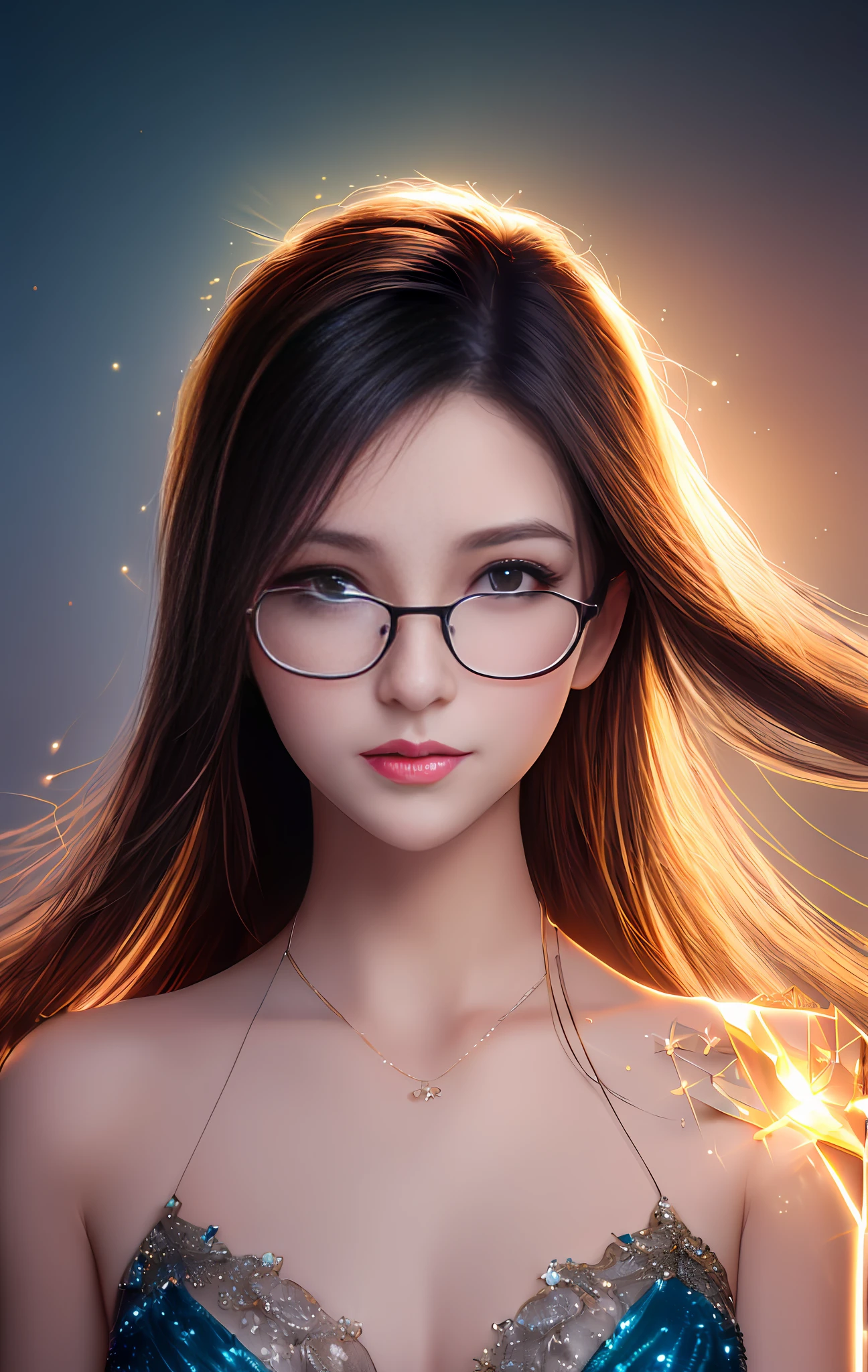 ((Best Quality, Masterpiece, High Resolution)), (8K UHD, High Quality, Volumetric Light, Two-tone Lighting, Edge Lighting), (1girl), (Dark Studio, High Detail Skin: 1.2, High Resolution: (4K, 8K), DSLR, Soft Light), ((Short Shoulder Length, Half Side Face, Backlight, Transparency), (Sven Beauty with Glasses, Beautiful Face, Physical, Tyndall Effect)), (Background Bokeh), , Photos)
