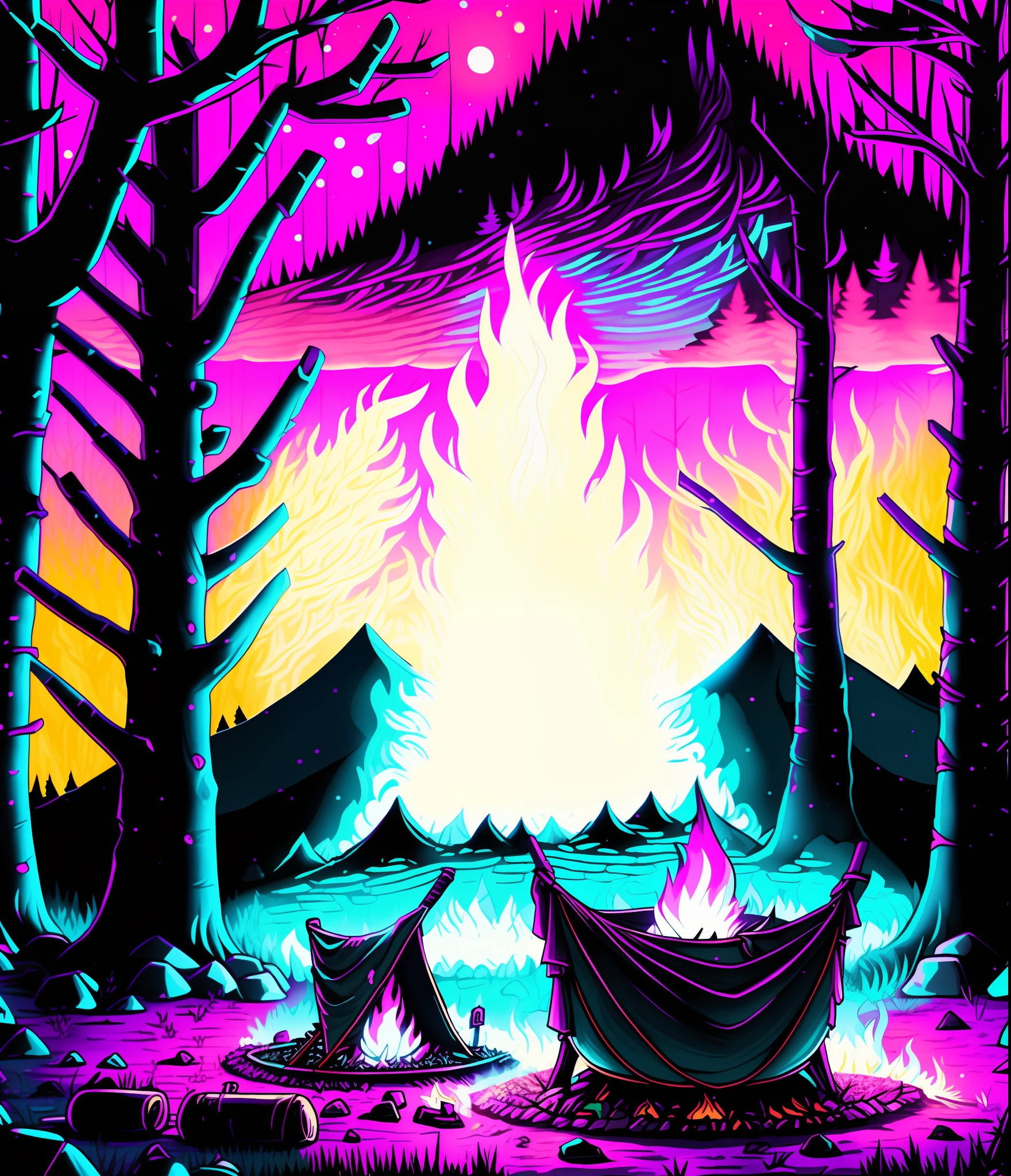 a campfire in the woods with a full moon