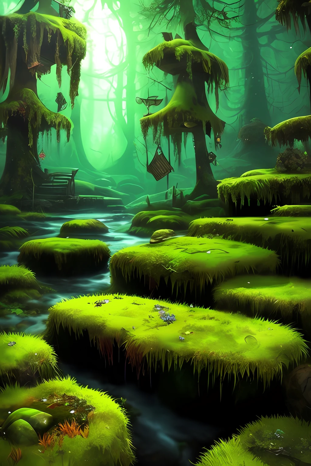 Treasure piles, moss, fantasy ambiance
