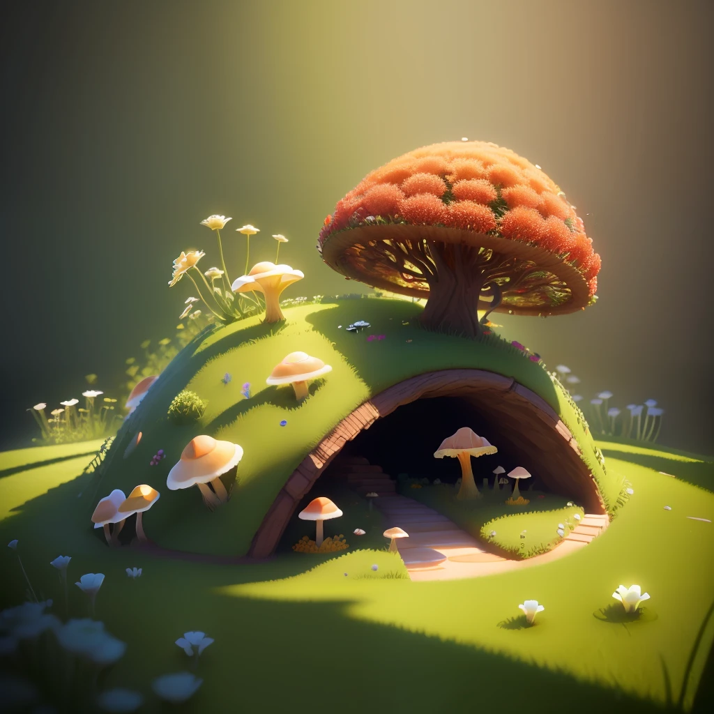An anthill shaped like a rose in 3d art, filled with grass and tiny mushrooms, fantasy