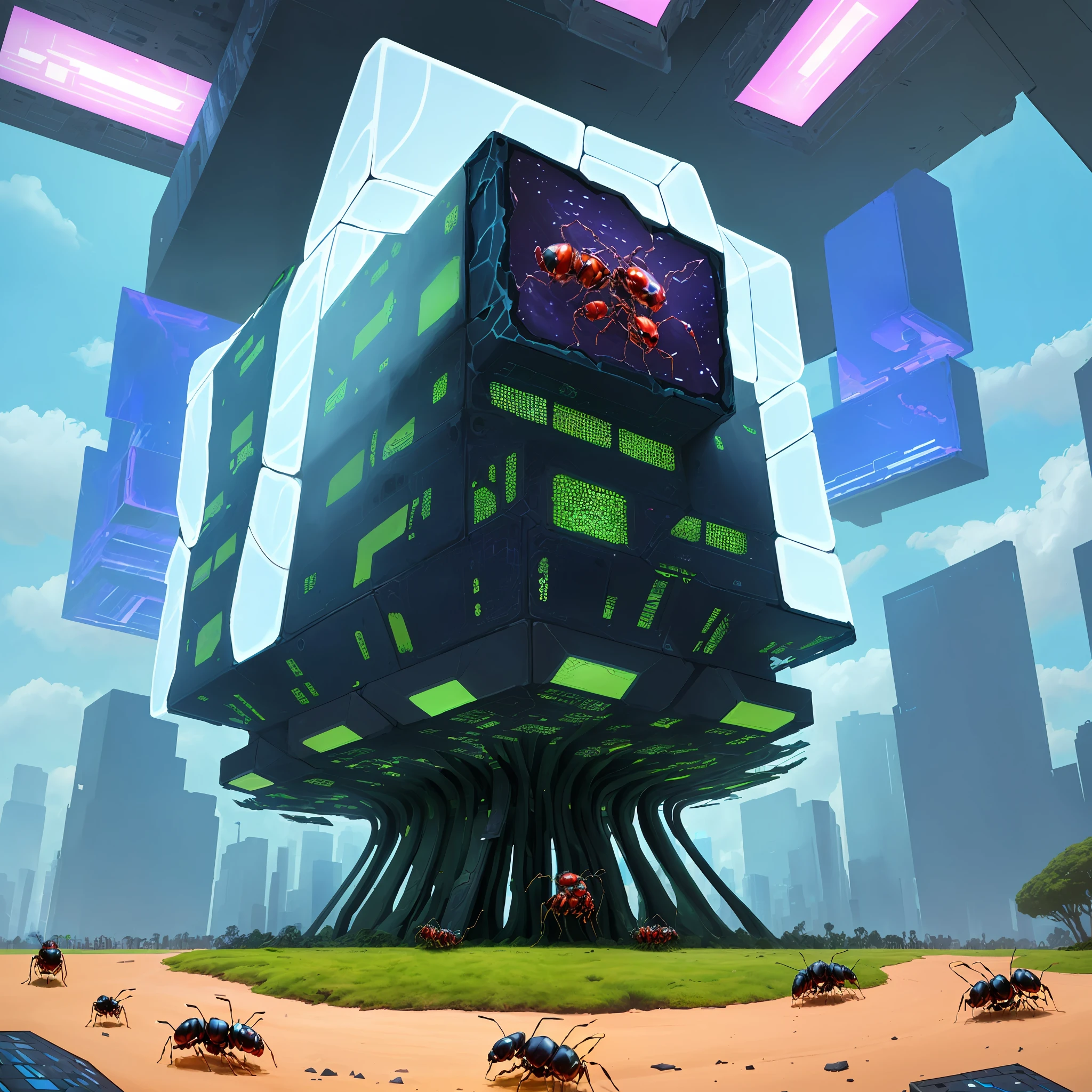In a sprawling field, a dormant Borg cube spaceship becomes an unexpected host to an industrious ant colony. Thousands of ants swarm over its metallic surface, weaving a complex network of tunnels and chambers, transforming the once cold and mechanical exterior into a vibrant, bustling anthill. The cube's original design is obscured, blurring the lines between technology and nature in a captivating display of organic chaos.