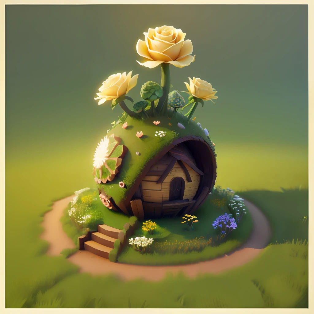 An anthill shaped like a rose in 3d art, filled with grass and tiny mushrooms, fantasy