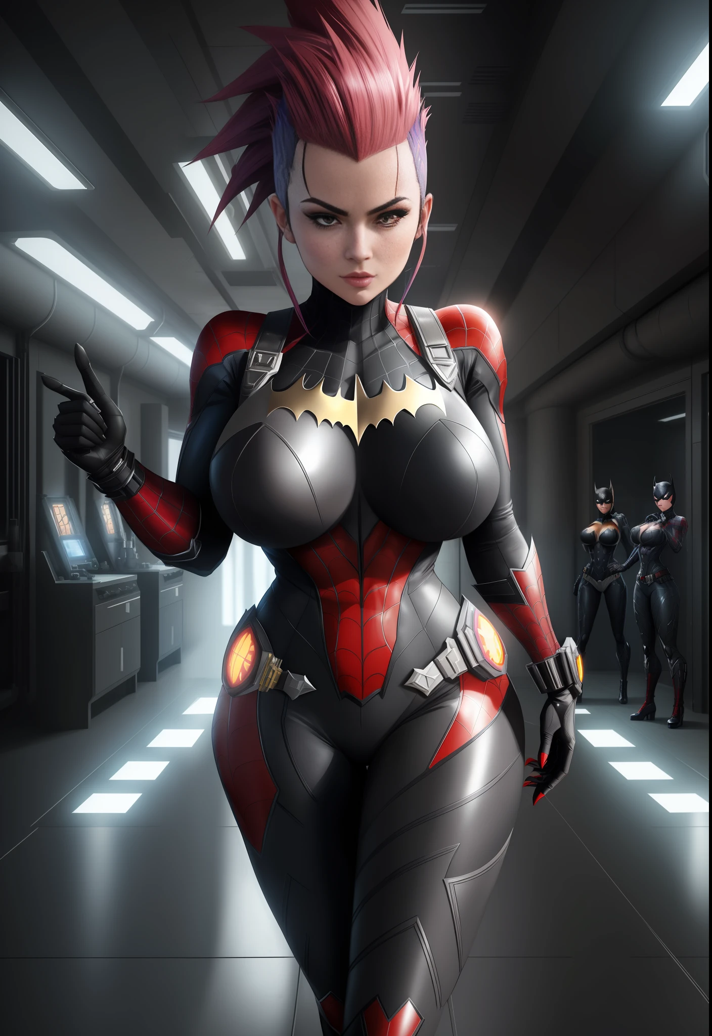 Image of a woman/Batman/Spider-Man/Kamen Rider, Max resolution/detail/quality/sharpness. Unreal Engine 5, Anime style, mohawk hair, huge breasts1, looking at the viewer furiously, pose with futuristic armada, showing off to the viewer, in a futuristic military base in front of the entrance of a laboratory.