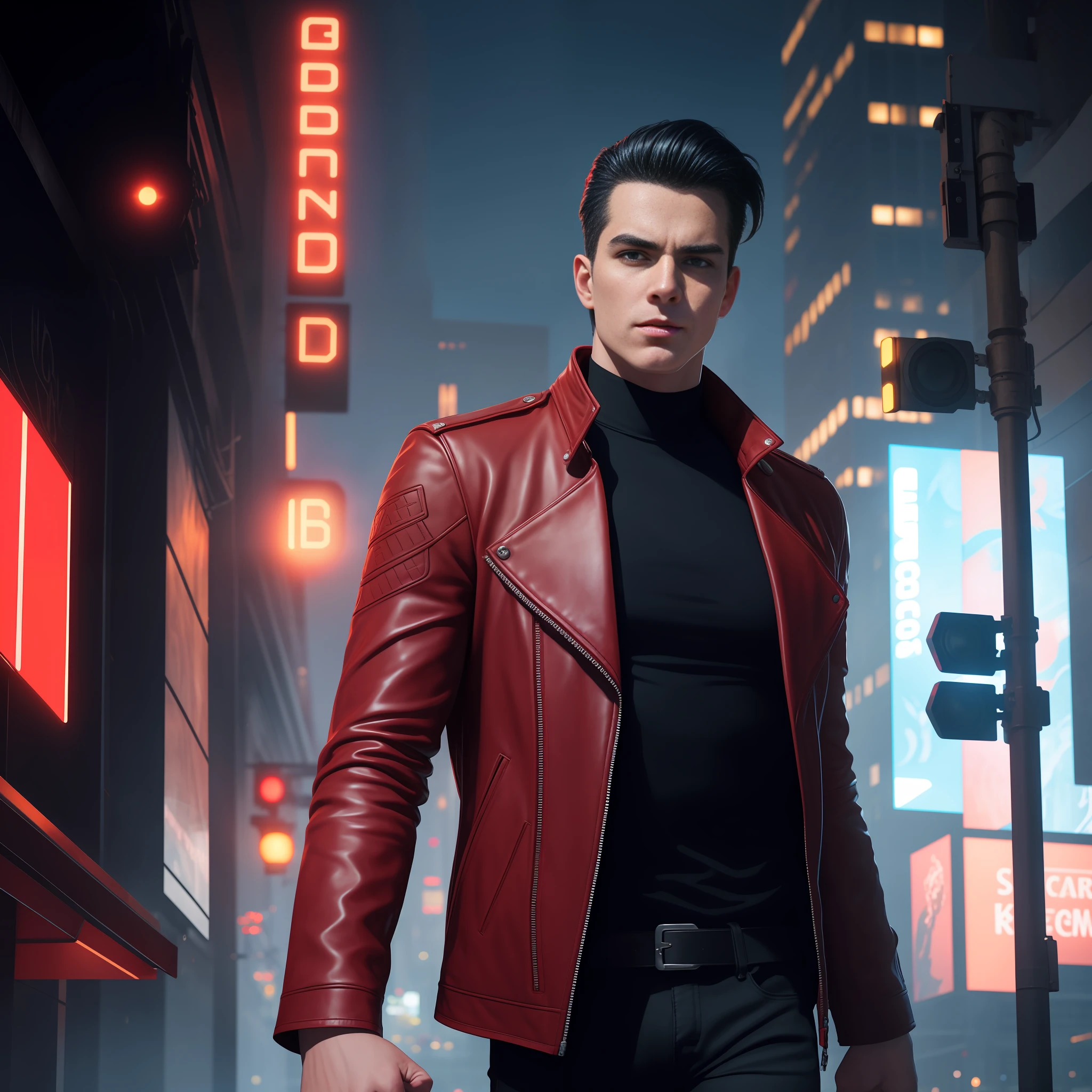 Outdoors, male, wearing red leather jacket, wearing black jeans, glowing blue eyes, slicked-back black hair, pale skin, urban environment, night, neon signs, 8k, Unreal engine, highly detailed, octane render, photorealistic, dim light, brightly lit, lens flares, beams and intricate details, incredibly detailed and volumetric lighting, 4k rendering, stock imagery, hyper realistic textures, dramatic lighting, use of Unreal Engine and a sense of epic grandeur. (Bloom:1.3), (smirk:1.2), (hands in fists:1.3),