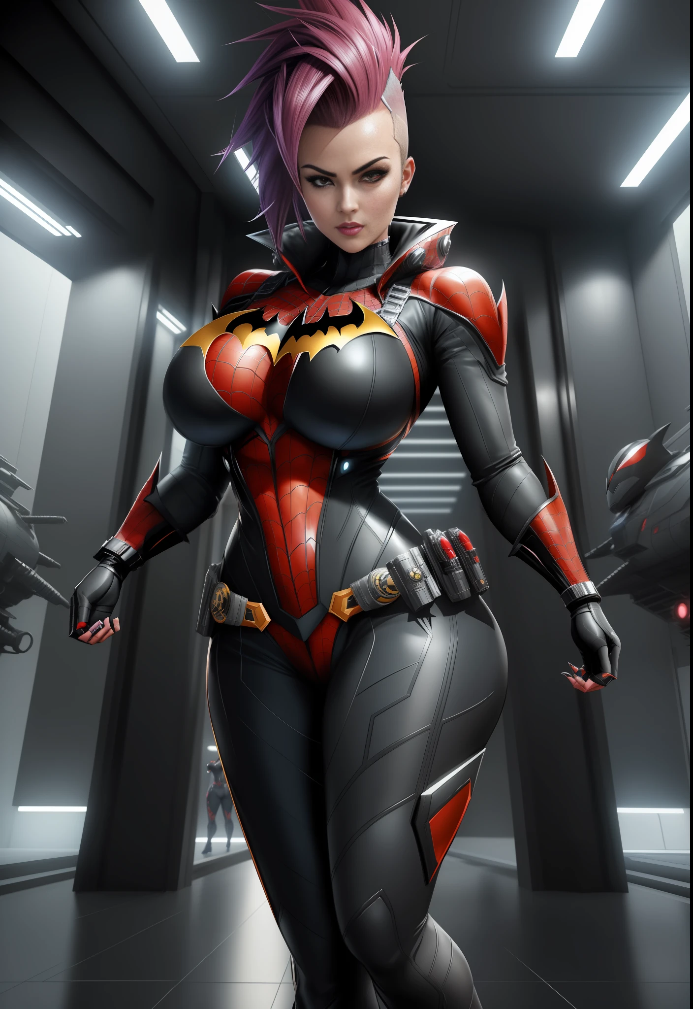 Image of a woman/Batman/Spider-Man/Kamen Rider, Max resolution/detail/quality/sharpness. Unreal Engine 5, Anime style, mohawk hair, huge breasts1, looking at the viewer furiously, pose with futuristic armada, showing off to the viewer, in a futuristic military base in front of the entrance of a laboratory.