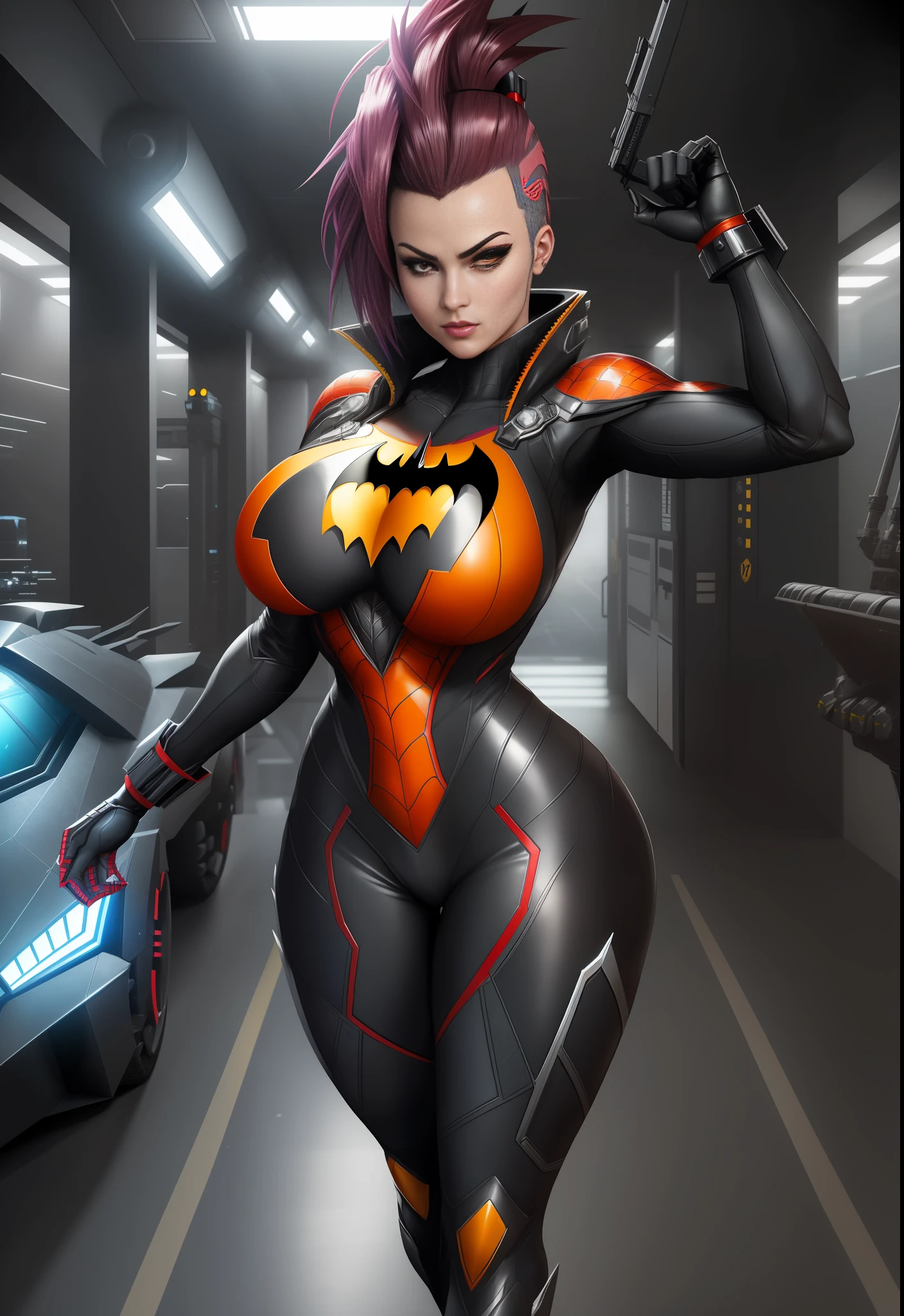 Image of a woman/Batman/Spider-Man/Kamen Rider, Max resolution/detail/quality/sharpness. Unreal Engine 5, Anime style, mohawk hair, huge breasts1, looking at the viewer furiously, pose with futuristic armada, showing off to the viewer, in a futuristic military base in front of the entrance of a laboratory.