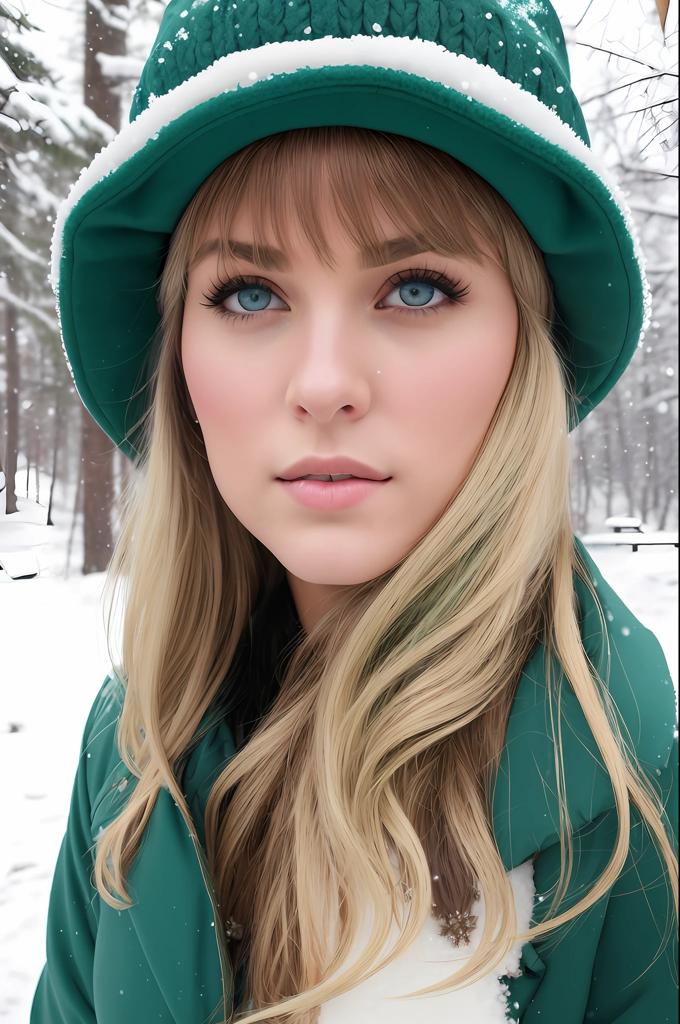 cowboy shot size photo stock picture  of blonde woman in a swimming suite, light green eyes,  in a winter open coat and a wool cap is standing in the snow with  snowflakes falling over her.  1girl, bangs, blue_eyes, big round breast, blurry, blurry_background, closed_mouth, depth_of_field, expressionless, eyelashes, fur_trim, lips, long_hair, looking_at_viewer, realistic, snowflakes, solo. Alphonse Mucha style