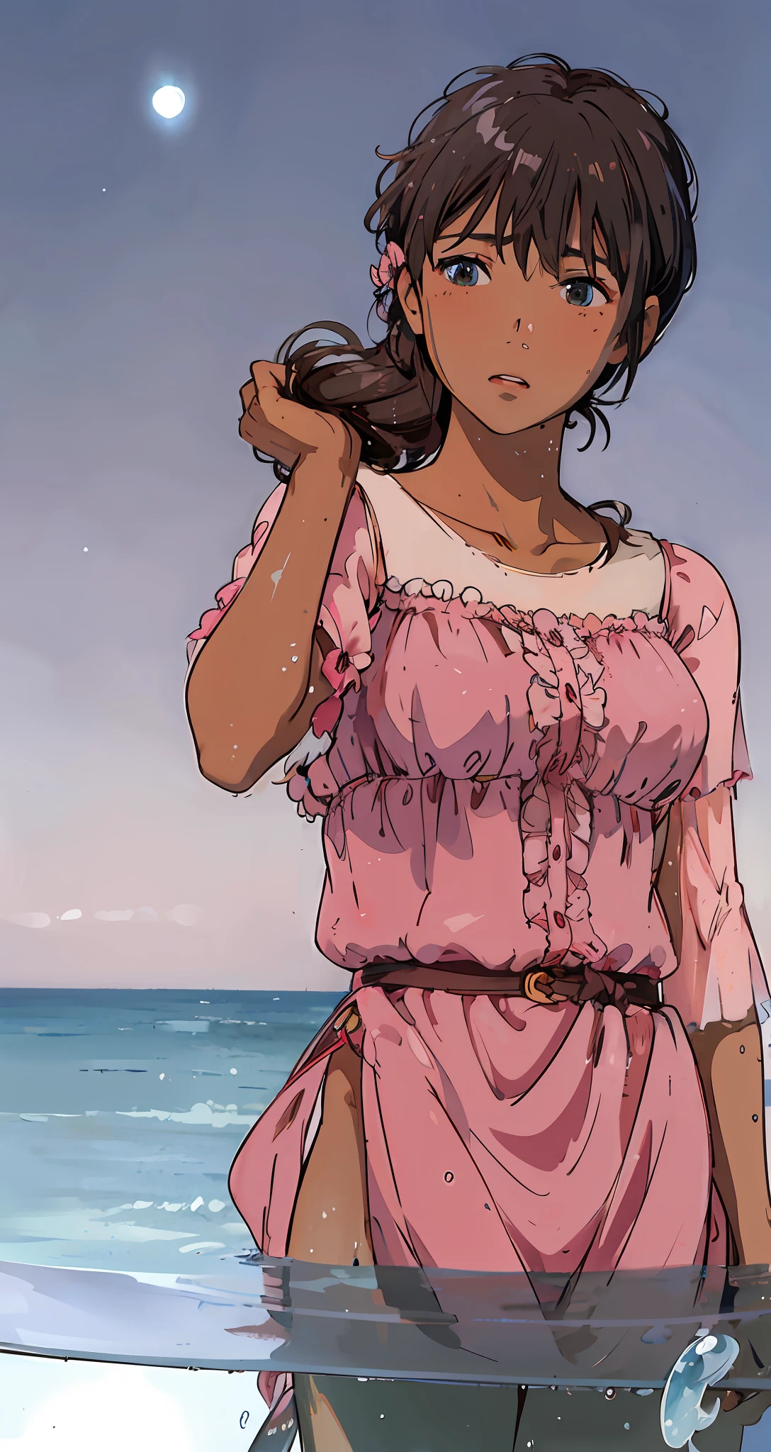 anime girl in pink dress standing in water with a fish in her hand, makoto shinkai art style, loli in dress, makoto shinkai. high detail, makoto shinkai style, nico robin, highly detailed exquisite fanart, at the sea, bottom angle, in style of makoto shinkai, by Yoshihiko Wada, standing at the beach