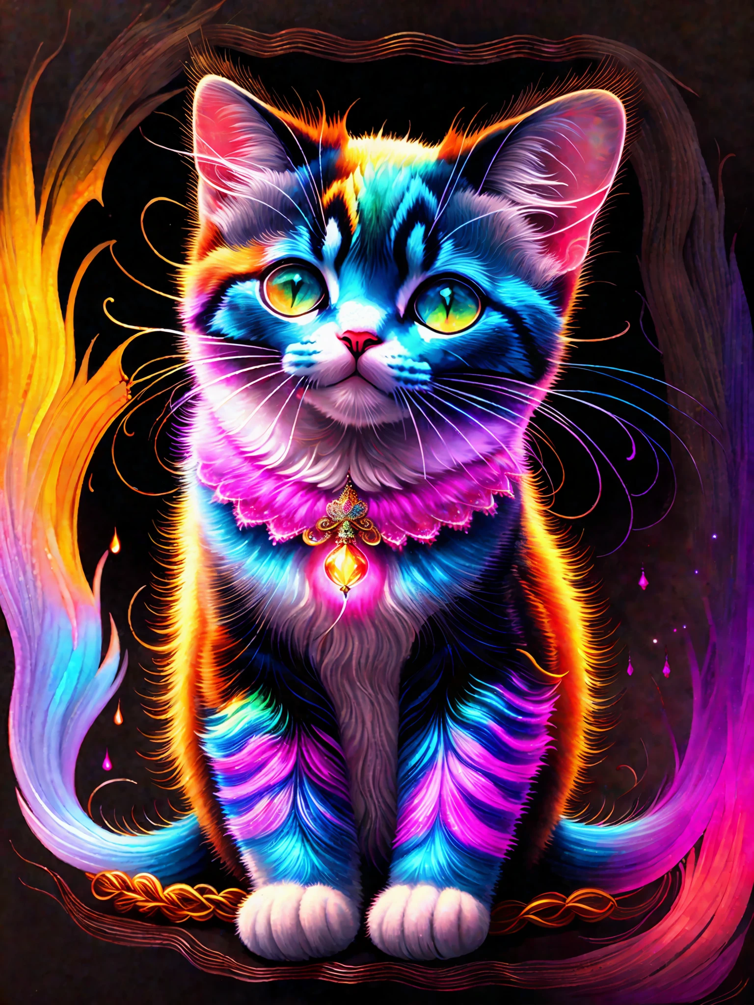 a painting of colored umabaleia on a black background,, breathtaking rendering, within a radiant connection, inspired by Kinuko Y. Craft,, magical elements, kitten icon, wow, is beautiful, casting a multi colorful spell, bright flash, flash