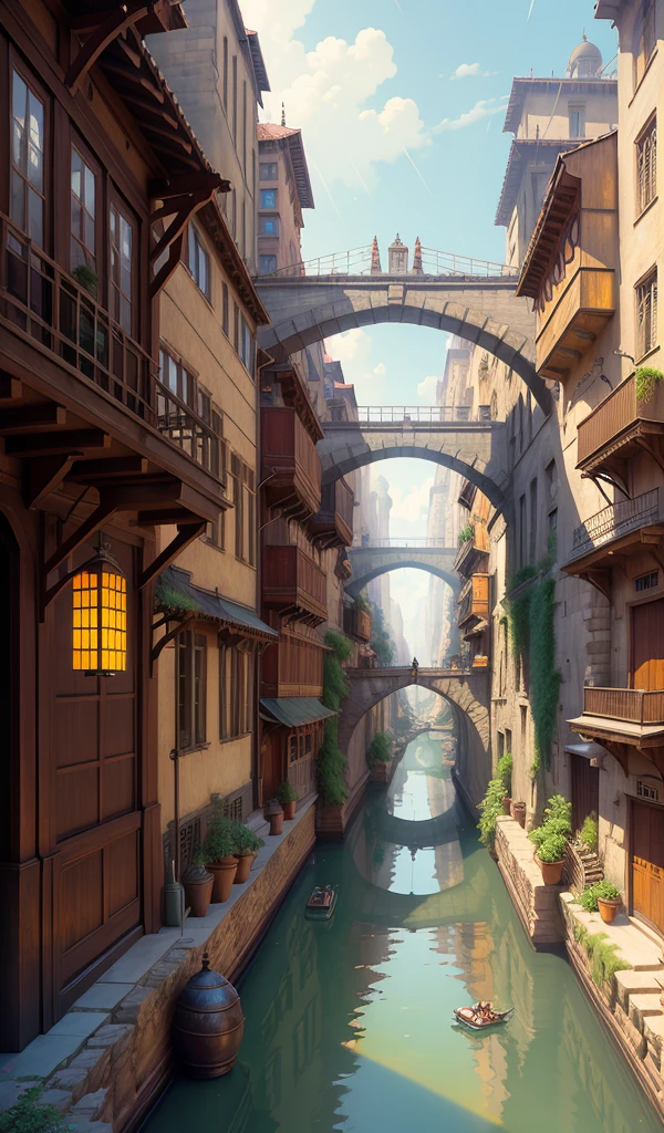((masterpiece)),((best quality)),((high detial)),((realistic,)) Industrial age city, deep canyons in the middle, architectural streets, bazaars, Bridges, rainy days, steampunk, European architecture