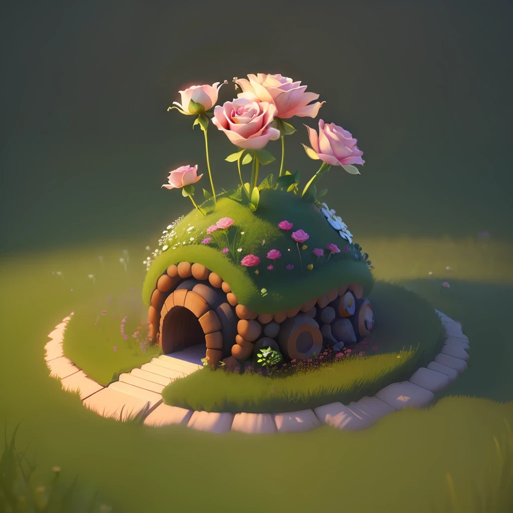 An anthill shaped like a rose in 3d art, filled with grass and tiny mushrooms, fantasy