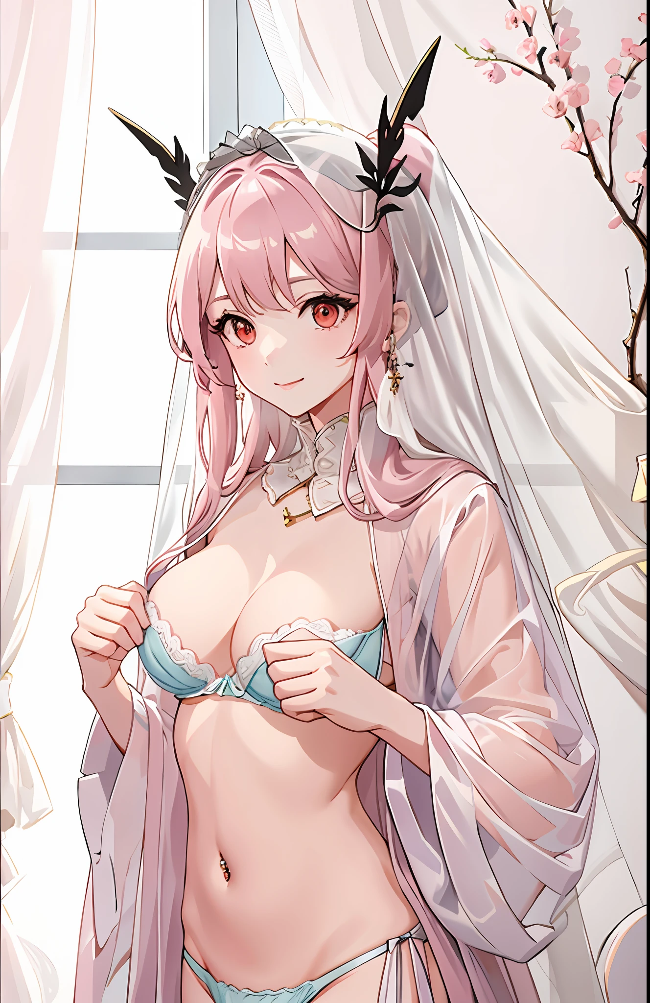 Masterpiece, CG, wallpaper, high quality, extremely detailed, (city outside the window: 1.5) (from the side: 0.9) 1 girl, high resolution, (abdomen: 1.4) (belly button: 0.9), highest quality, illustration, film light , ultra detailed, detailed face, (detailed eyes), best quality, ultra detailed, masterpiece, (detailed face), highest detail, glowing eyes, medium breath, black halo, white clothes, backlighting , light, (high contrast), (color), (red eyeshadow: 1.2), (pink lips: 1.1), mourning clothes, (gorgeous hair accessories), big breasts, charming smile, white hair, colorful, colored inner hair, (gorgeous bra), (piercing: 1.05), headgear, (areola slip: 1.2), ponytail, (veil: 0.9),
