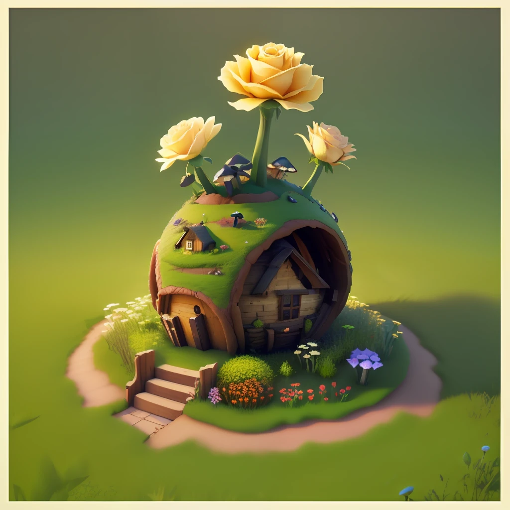 An anthill shaped like a rose in 3d art, filled with grass and tiny mushrooms, fantasy