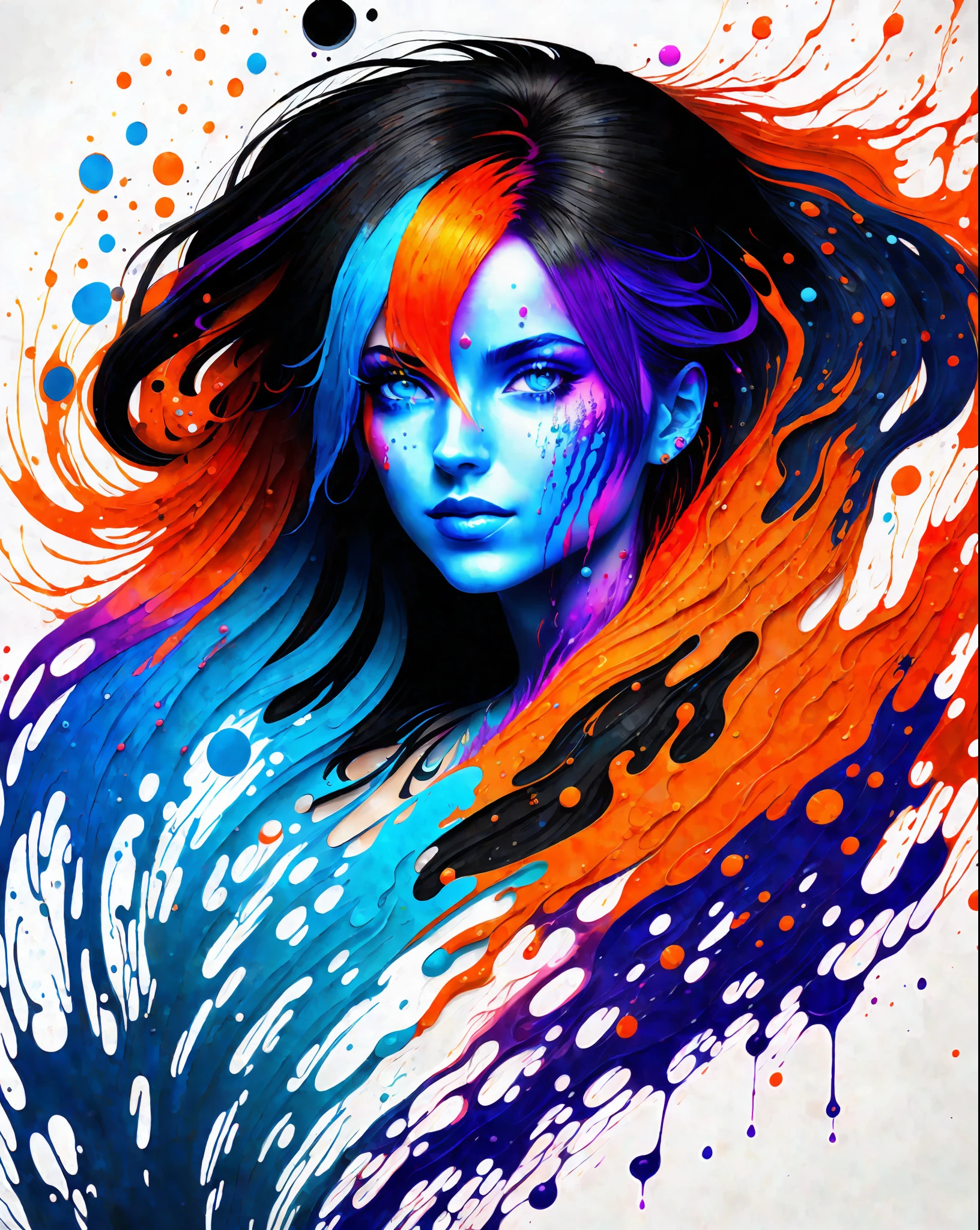 a painting of a woman with colorful hair, fantasy game spell icon, splashes of liquid, computer game art, hyperdetailed colourful, fantasy colours, avatar image, strong blue and orange colors, beautiful avatar pictures, body painted with black fluid, digital art h 9 6 0, rich colourful
